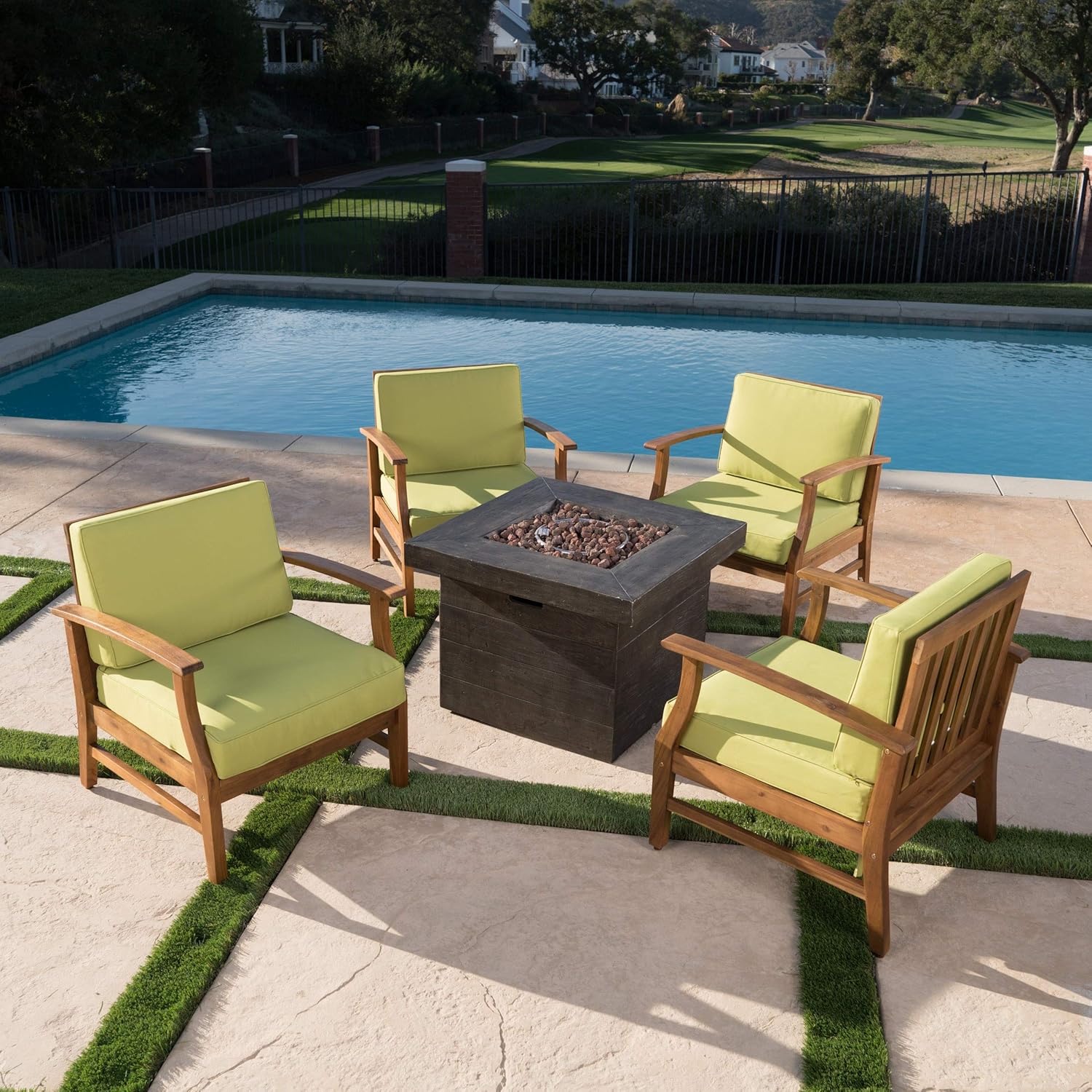 GDFStudio Noble House Kourtney 5 Piece Outdoor Acacia Wood Chair and Firepit Set in Green