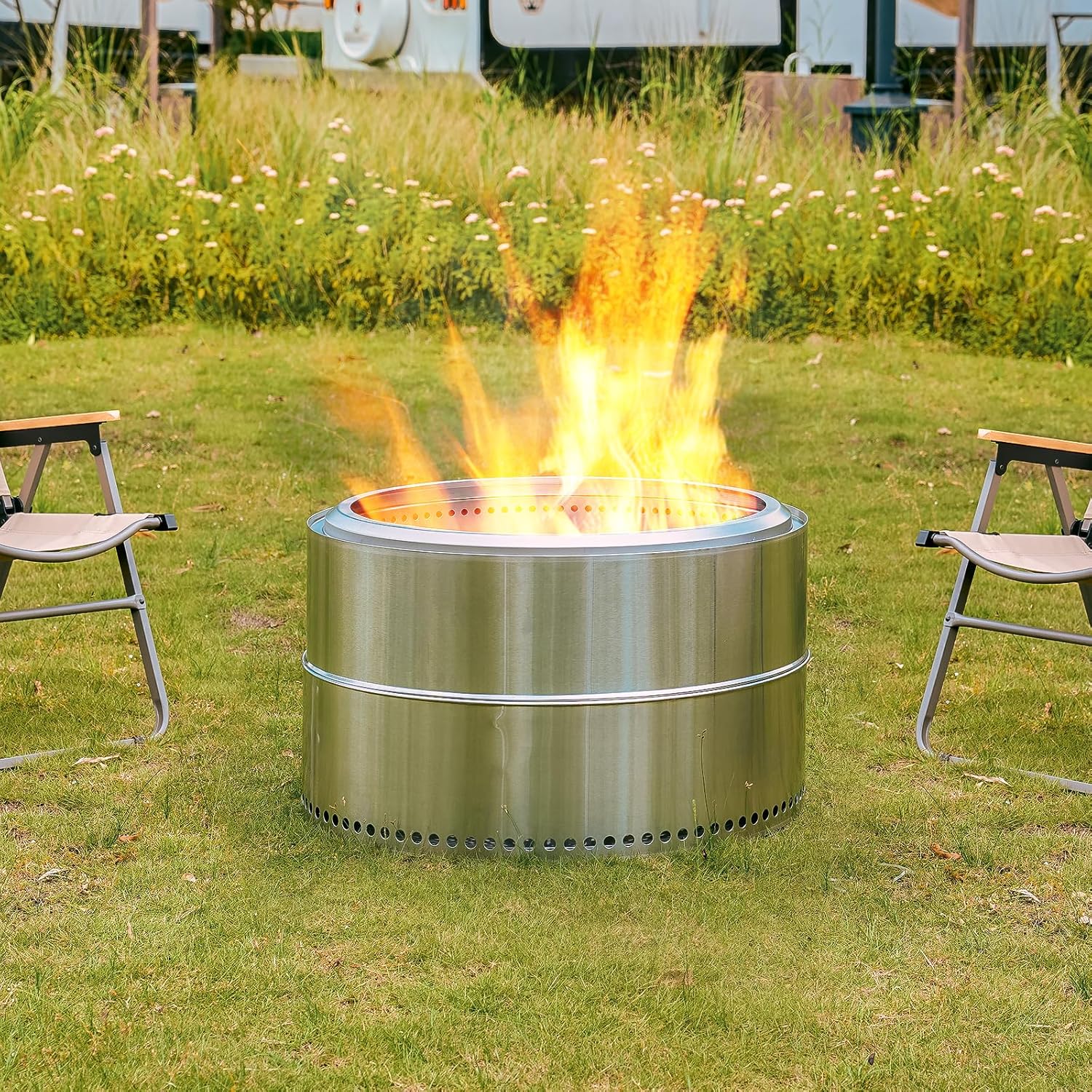 27 inch Smokeless Fire Pit, Outdoor Stainless Steel Smokeless Firepit, Wood Burning Fire Pits for Camping Backyard Patio Garden Picnic, Low Smoke Firepit for Outside