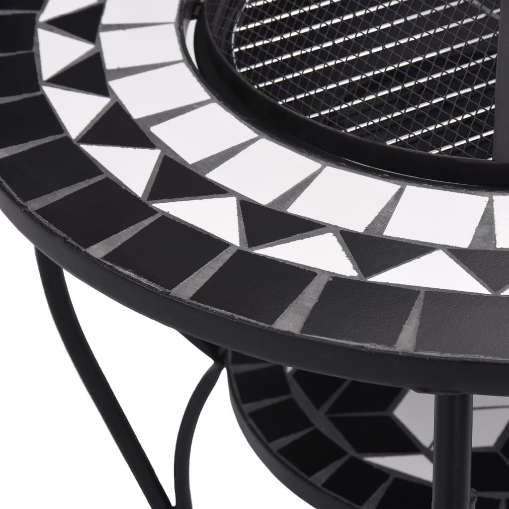 Mosaic Fire Pit Table Black and White Steel Fire Pit Bowl with Safety Mesh and Poker Tool for Garden Patio Heating 26.8
