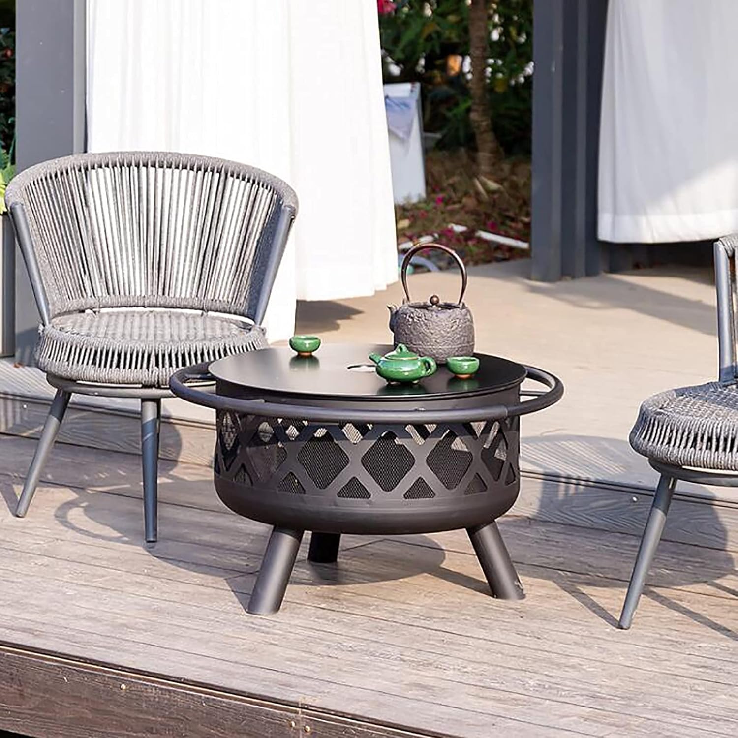 Backyard Patio Garden Stove Wood Burning BBQ Fire Pit with Spark Screen Cover,Poker,Fire Pit Cover,Grill for Campfire Bonfire,Square Lingge