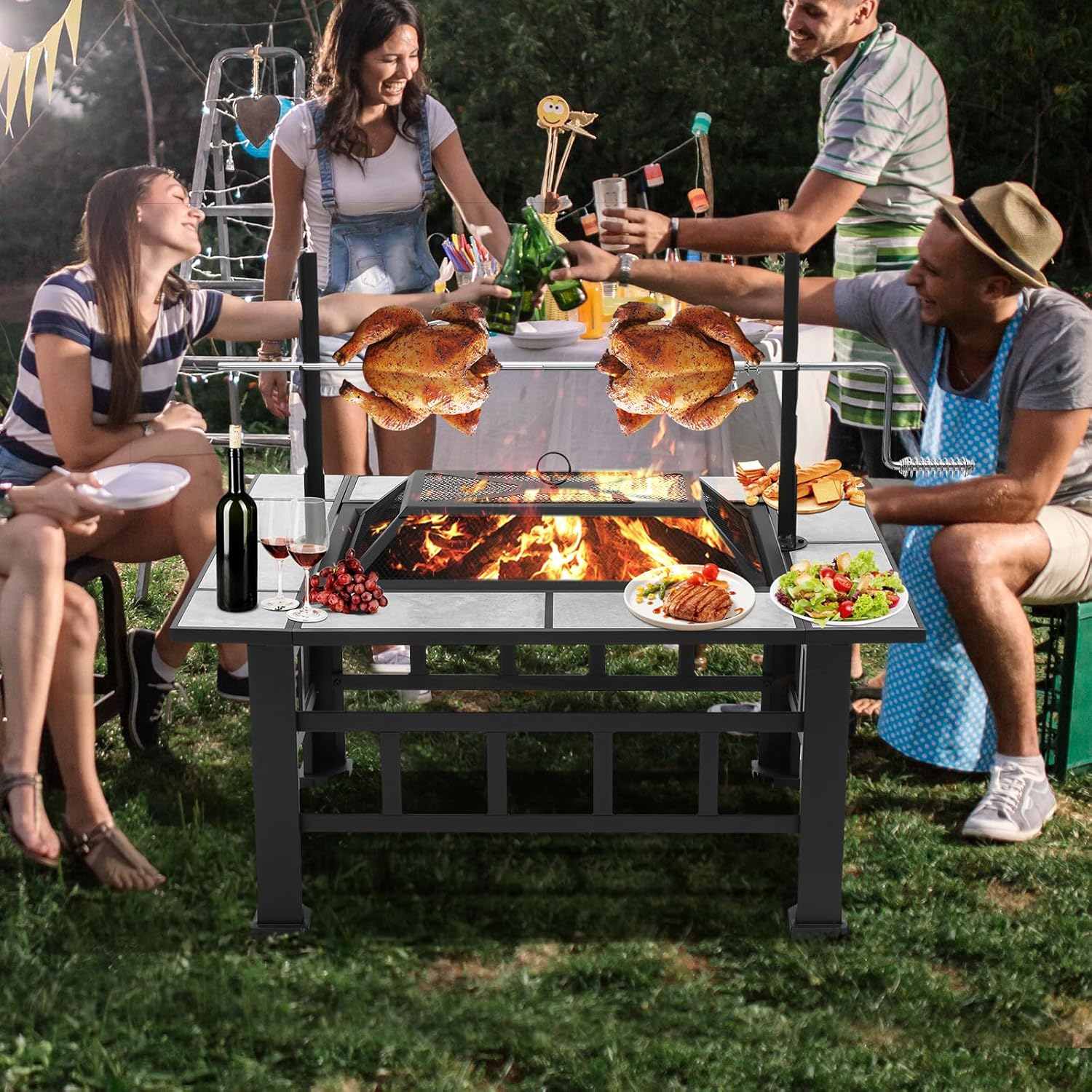 Fire Pit Table for Outside 37 Inch Square Firepits with Grill Large Wood Burning Heavy Duty Steel BBQ Bonfire Pit Outdoor Cooking with Spark Screen Log Grate Poker for Backyard Garden Camping