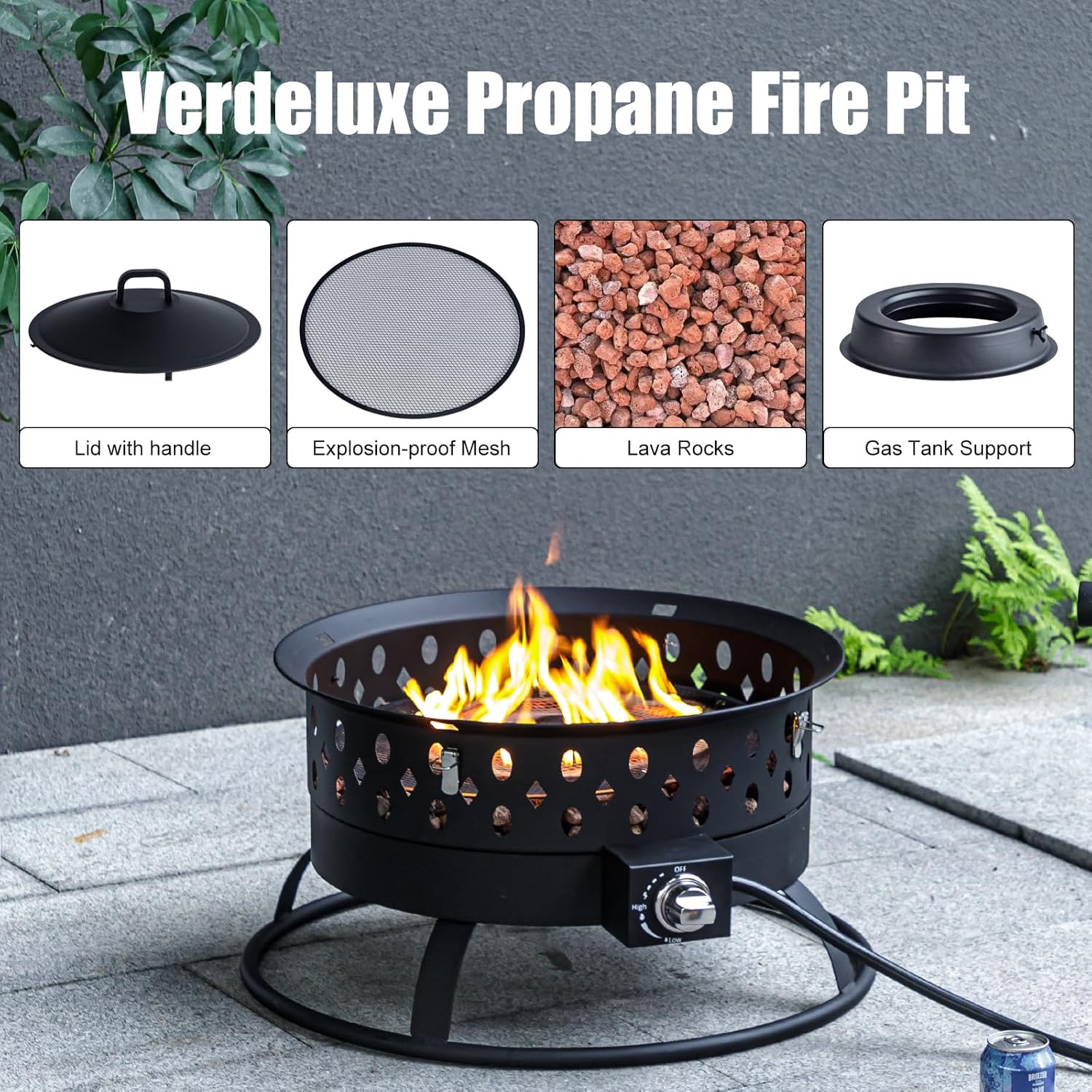 22 Inch Portable Propane Fire Pit,Gas Fire Pit for Outside with Lid & Handle, Smokeless Gas Firepit Bowl with Lava Rocks,Outdoor Propane Firepits for Camping,Patio,Yard,Bonfire.(Black)