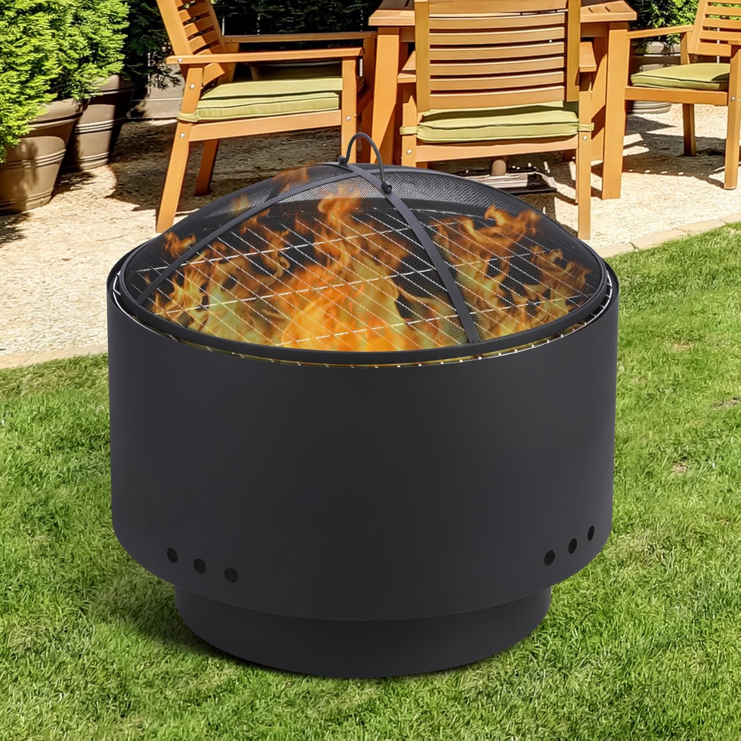 GarveeLife 26 inch Fire Pit, Outdoor Smokeless Fire Pits for Wood Burning, Mesh Lid, Cooking Grate, Cover, Portable Patio Bonfire Pit for Outside BBQ, Yard, Garden, Camping