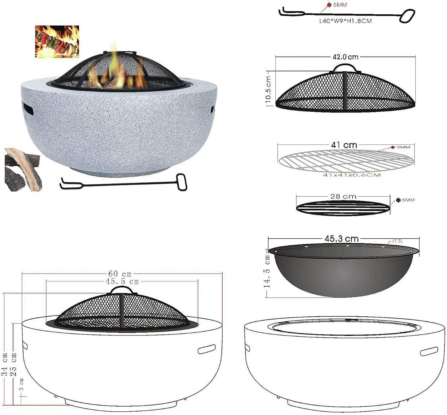 Fire Pit Outdoor Barbecue Grill,Fire Pit Bowl for Garden and Patio, Fire Pit with BBQ Grill Shelf Grill Camping Bowl BBQ with Poker, Grill, Mesh