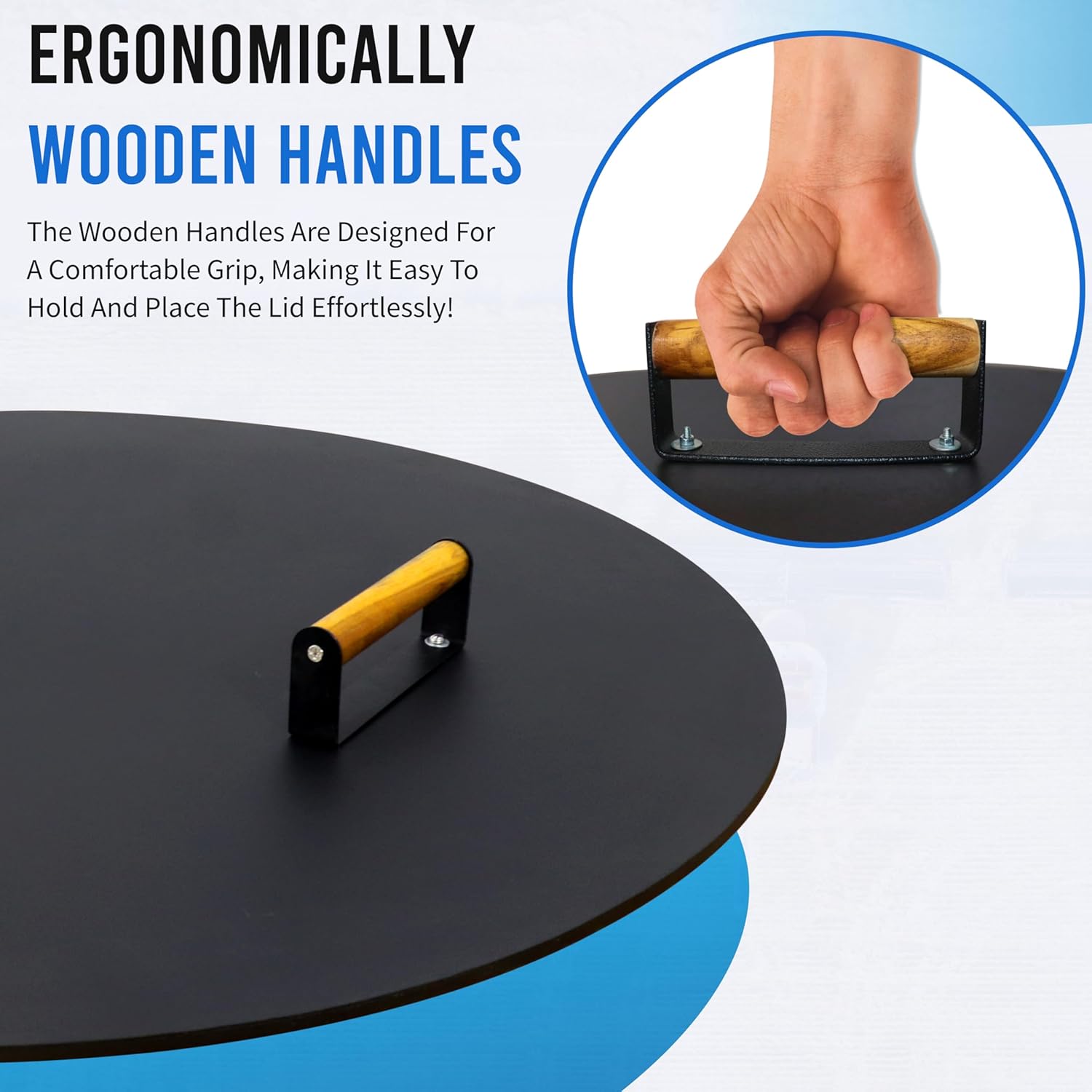 Fire Pit Lid 34 Inch – Round Metal Cover with Wooden Handles, Weather-Resistant Snuffer Lid for Outdoor Bonfire & Propane Fire Pits, Doubles as Table Top