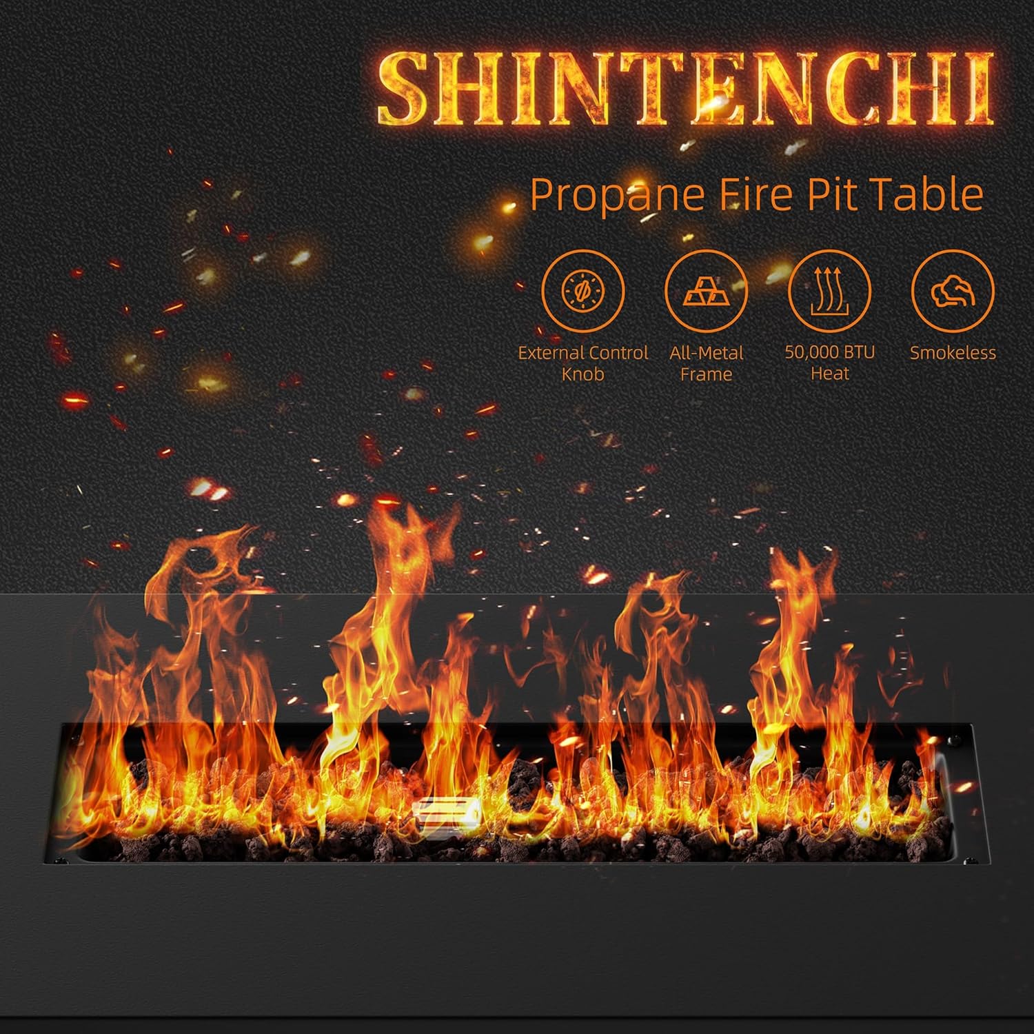 Shintenchi 43 Inch Outdoor Propane Fire Pit, 50,000 BTU Outdoor Fire Table, CSA-Certified Steel Propane Fire Pit with Lid and Lava Rock for Garden, Yard, Camping, Pool Use, Black