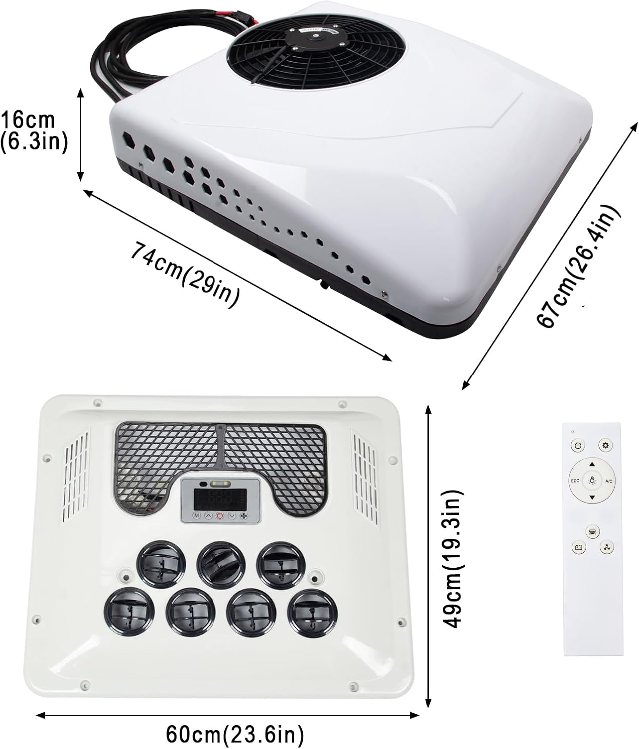 12V RV Air Conditioner, 15000 BTU Rooftop DC A/C Unit with Cooling & Heating, 3-Speed Fan, Digital Control Panel, Quiet & Energy-Saving Air Conditioner for Camper Van, Trailer, Motorhome, Bus, Truck