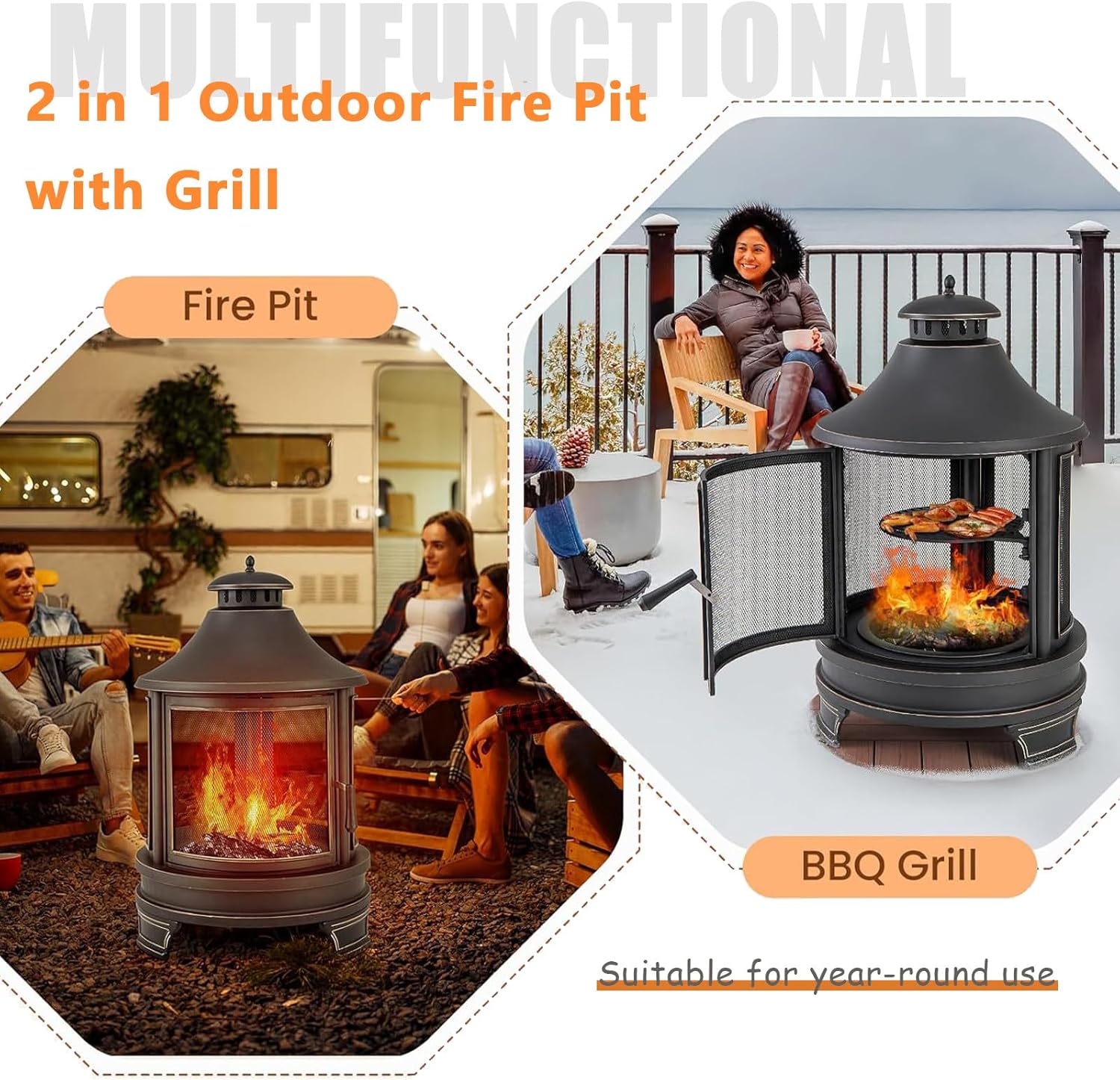 Fire Pit Chiminea, 30'' x 49'' Large Chiminea Fireplace with Mesh Spark Screen Doors & Fire Poker, Outside Wood Burning Fire Pit for Patio, Lawn, Backyard