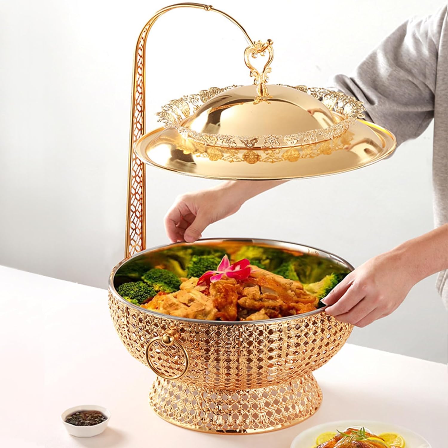 Chafing Dishes for Buffet, 8L Round Stainless Steel Food Warmers Pan with Hanging Lids, for Heating and Cooling, Parties Buffet Catering Events Dinners