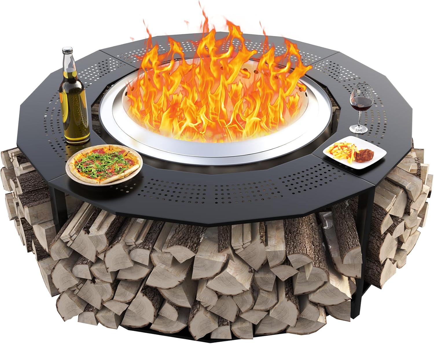 48'' Fire Pit Surround Tabletop with Cover for Solo Stove Bonfire Yukon and Tiki, Surround Table with Firewood Storage Shelf Expands Large Space