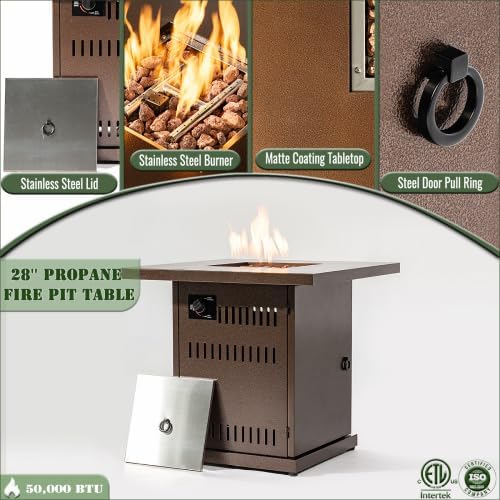 Propane Gas Fire Pit Table, 50000 BTU Square Steel Fire Pit for Outside Patio Deck Garden Courtyard-Brown 28