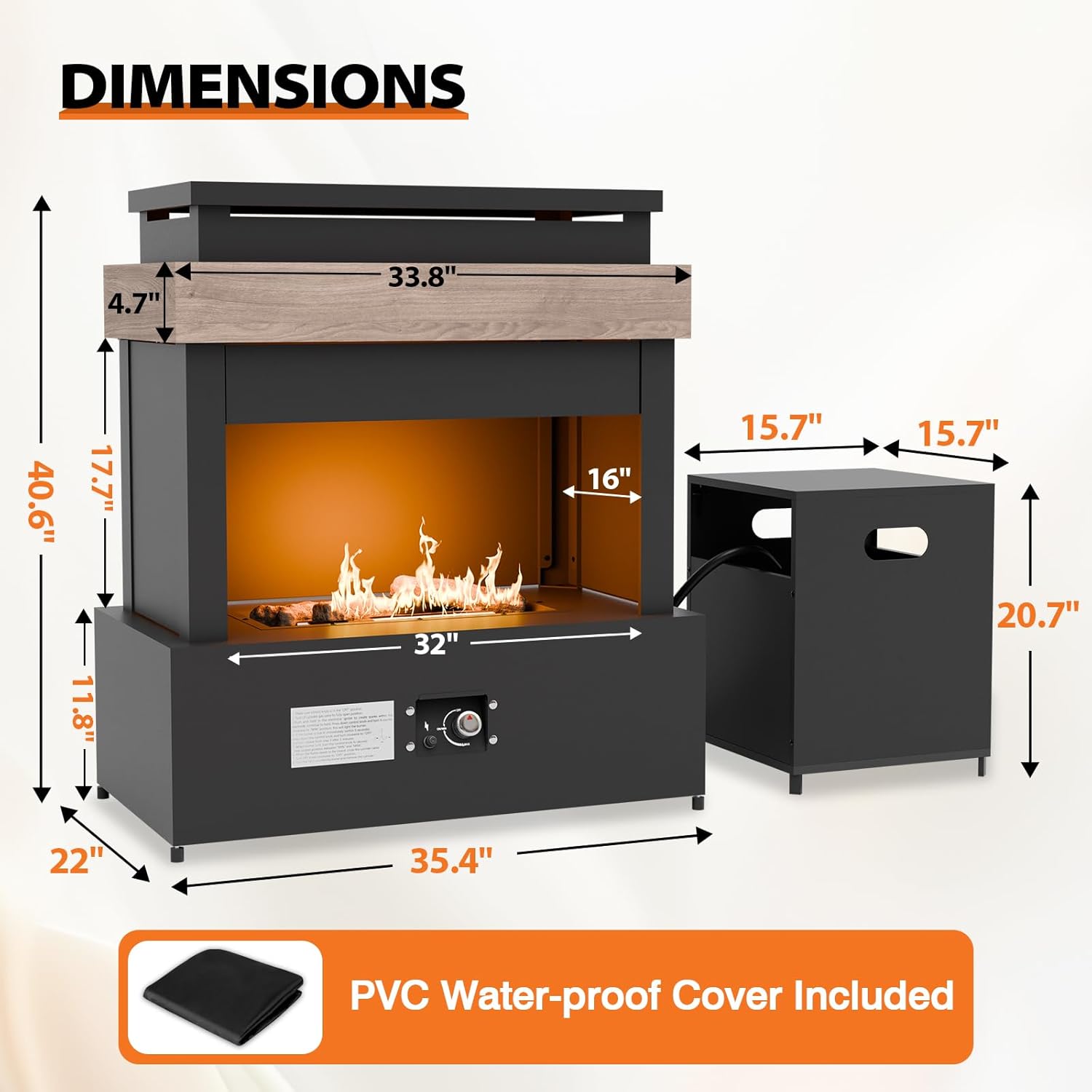 COOS BAY Outdoor Propane Fireplace Firepit, 50,000 BTU Adjustable Flame Chiminea Patio Heater with Tank Storage, Smokeless Gas, Ceramic Log, Modern Metal, 35.4''x22''x40.6'', Gray/Tan