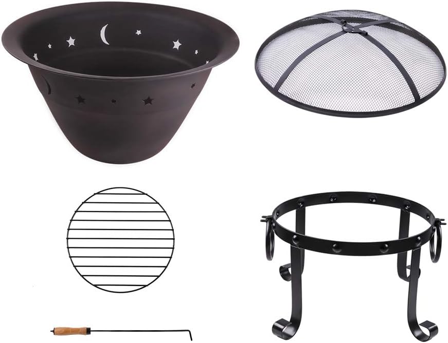 Fire Pit Bowl with Mesh Screen - Cast Iron Outdoor Round Wood Burning Fire Pit for Backyard Patio Garden with Fireplace Poker