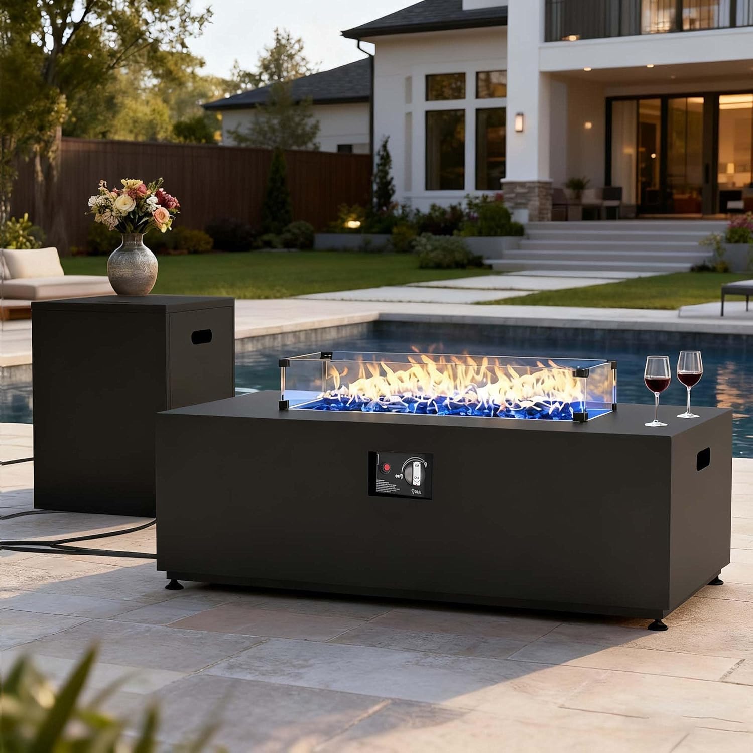 LayinSun 42 Inch Outdoor Fire Pit Table for Outside Patio, 55000BTU Rectangle Propane Firepit with Hidden Fuel Tank, Glass Wind Guard, Waterproof Cover and Lid