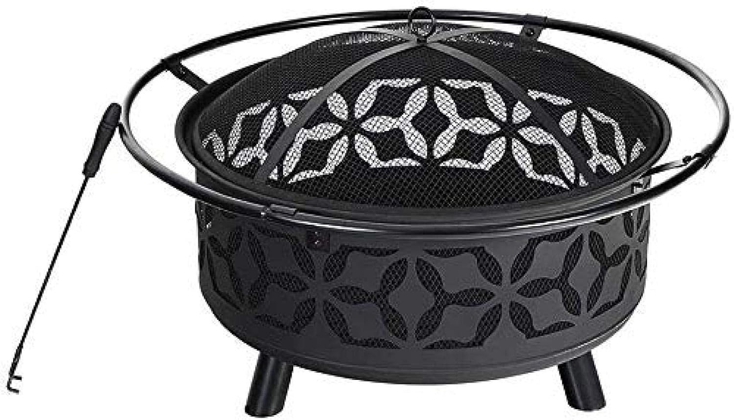 Fire Pit BBQ Grill Fire Bowl Steel Hearth with Cutouts for Patio Fireplace Sledgehammer Pattern and Screen Included Outdoor Pit Black