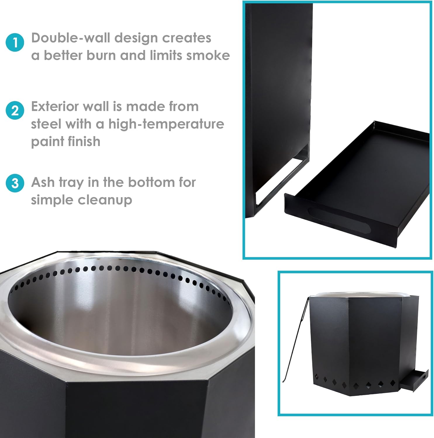 Sunnydaze Wood-Burning Smokeless Fire Pit with Log Poker - Stainless Steel Smokeless Fire Pit for The Backyard - Black - 21.5-Inch