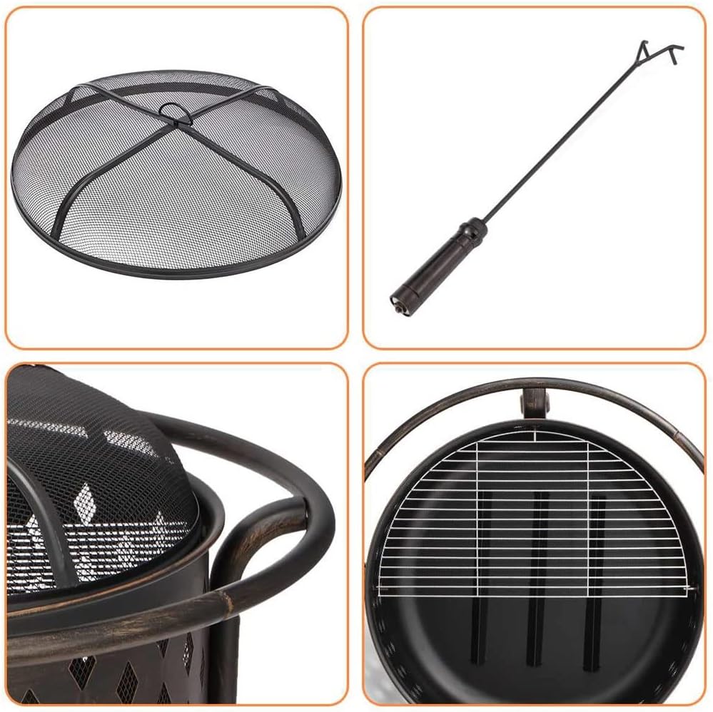 36 Inch Fire Pit Outdoor Wood Burning Fire Pits Heating Large Steel BBQ Grill Firepit Bowl for Winter with Cooking Grate