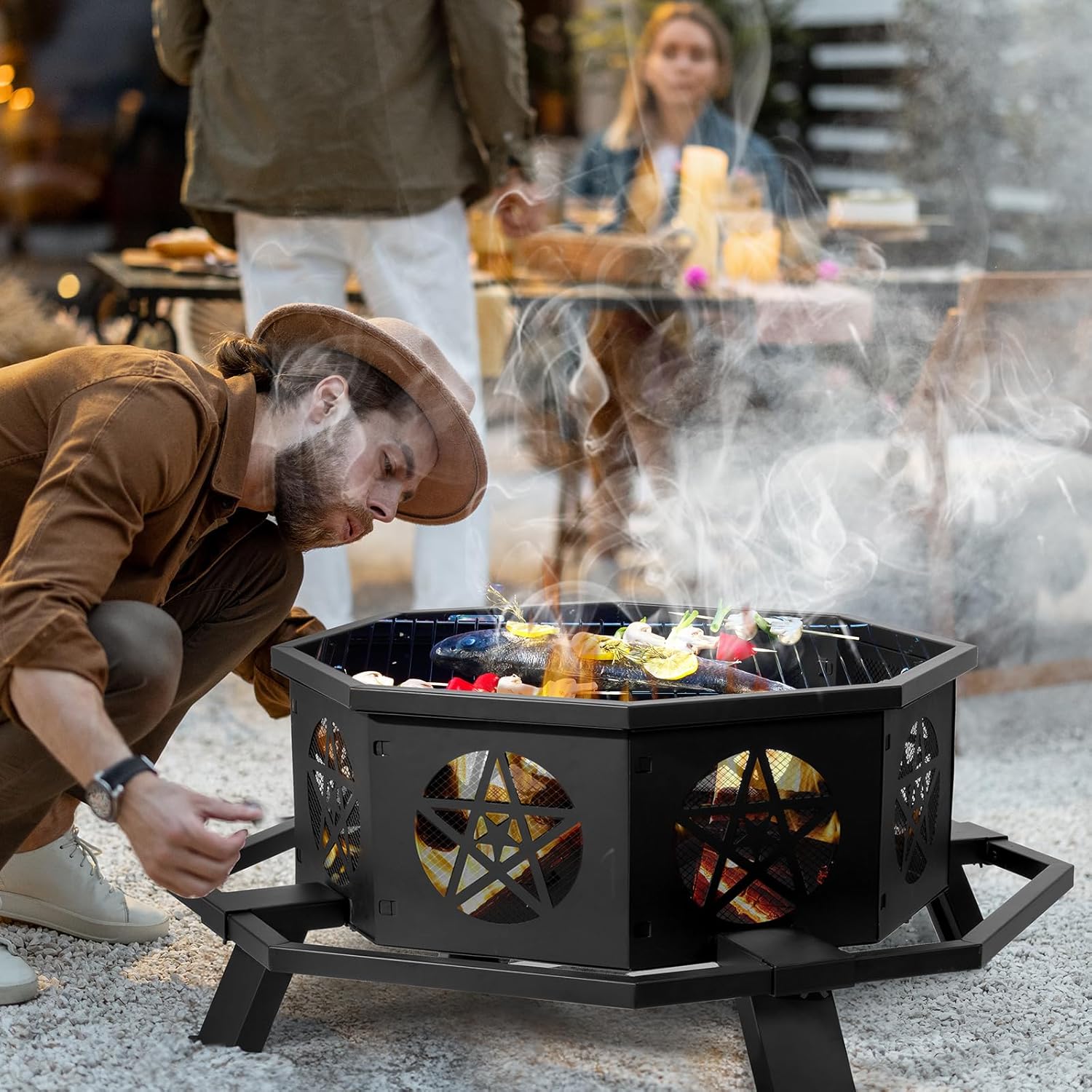 43 Inch Portable Fire Pit with Poker for Patio, Backyard, Garden, Detachable Fire Pits for Outside Wood Burning with Outer Ring, Outdoor Octagonal Metal Firepit for Camping, Heating, Bonfire