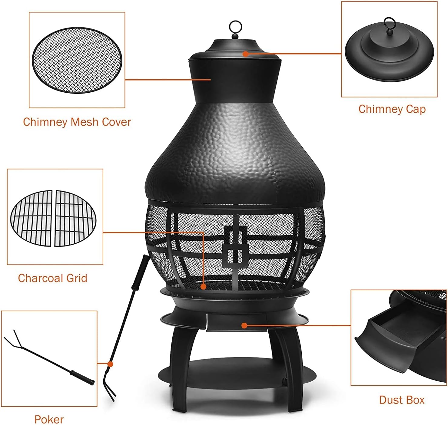 SAFSTAR Outdoor Cast Iron Chiminea, Fireplace Wooden Chiminea Fire Pit w/Fire Poker, 360°Fire Retardant Mesh Cover, Patio Wood Burning Fire Pit