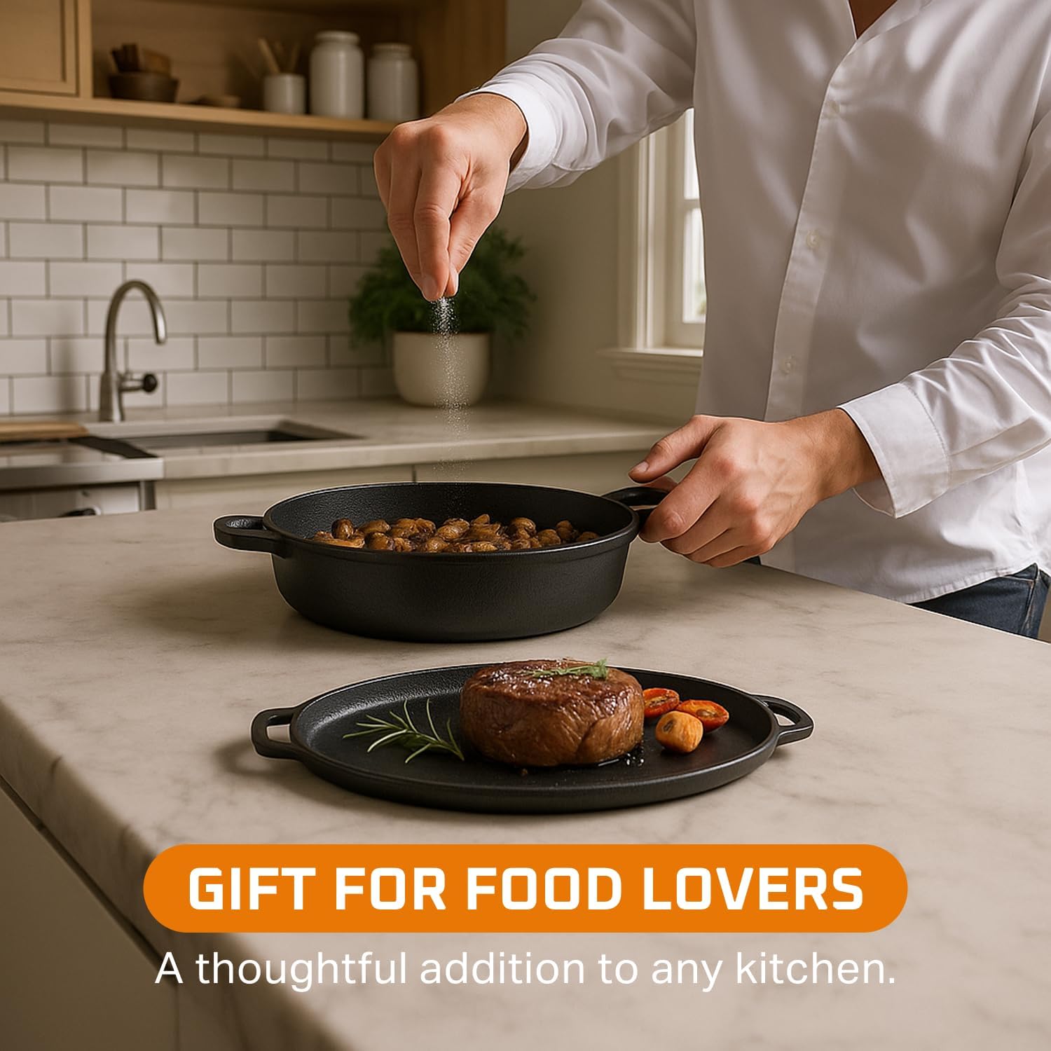 Bruntmor 6.8 Quart Cast Iron Skillet with Reversible Grill Griddle Lid - 3-in-1 Round Cast Iron Pan for Frying, Grilling, Dutch Oven Cooking - Roasting Pan with Lid, Camping Cookware, Black