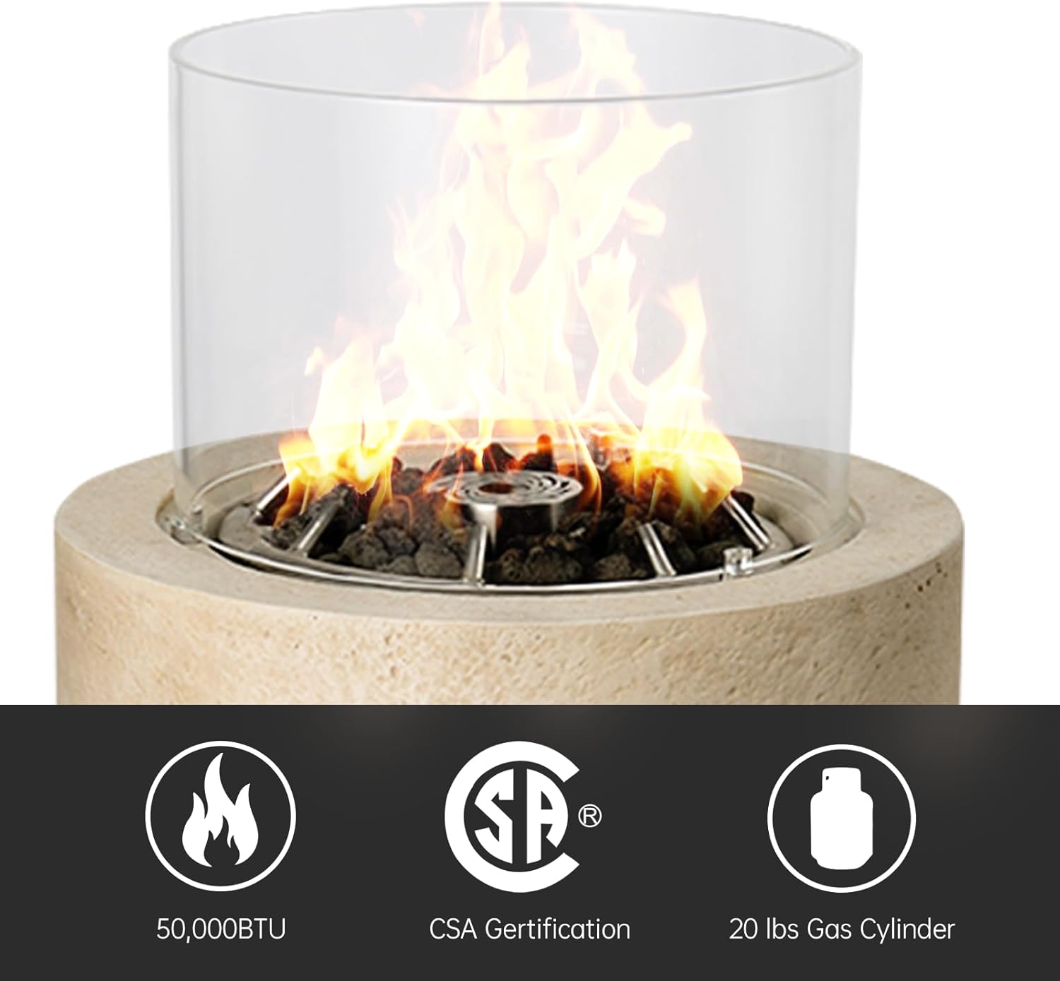 16 inch Propane Fire Column, 50,000 BTU Outside Gas Fire Pit with Glass Wind Guard, Lava Rocks for Outside Patio, Garden, Backyard