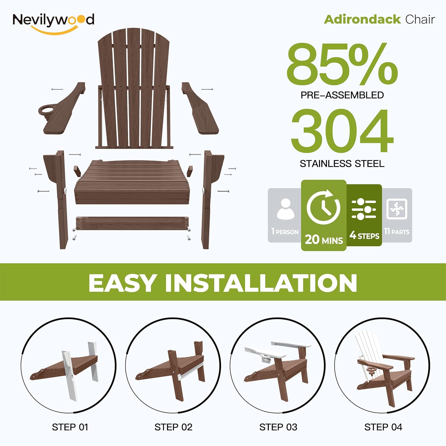 nevilywood Folding Adirondack Chair with Cup Holder Set of 2, HDPE Patio Chairs,All-Weather Outdoor Chairs for Backyard, Deck,Fire Pit-Coffee