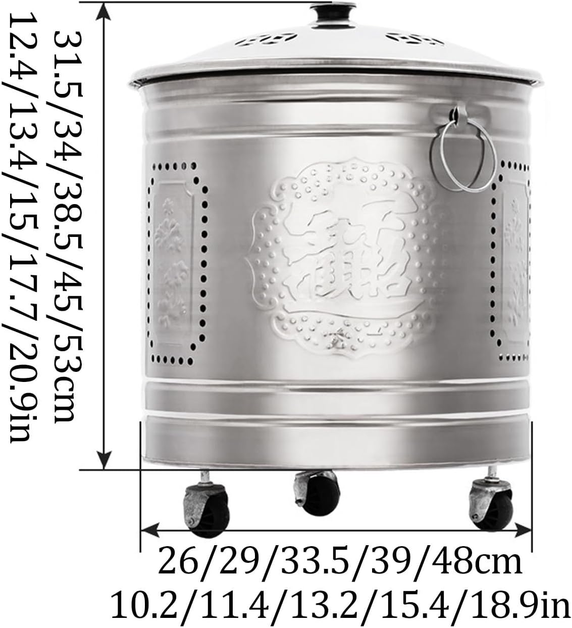 Fire Pit Stainless Steel Incinerator Cage Paper Burner Incinerator with Lid Burn Barrel Wood Burning Fire Pit Backyard Bonfire Fire Pit for Home and Garden.(Silver,48x53CM/18.9x20.9IN)