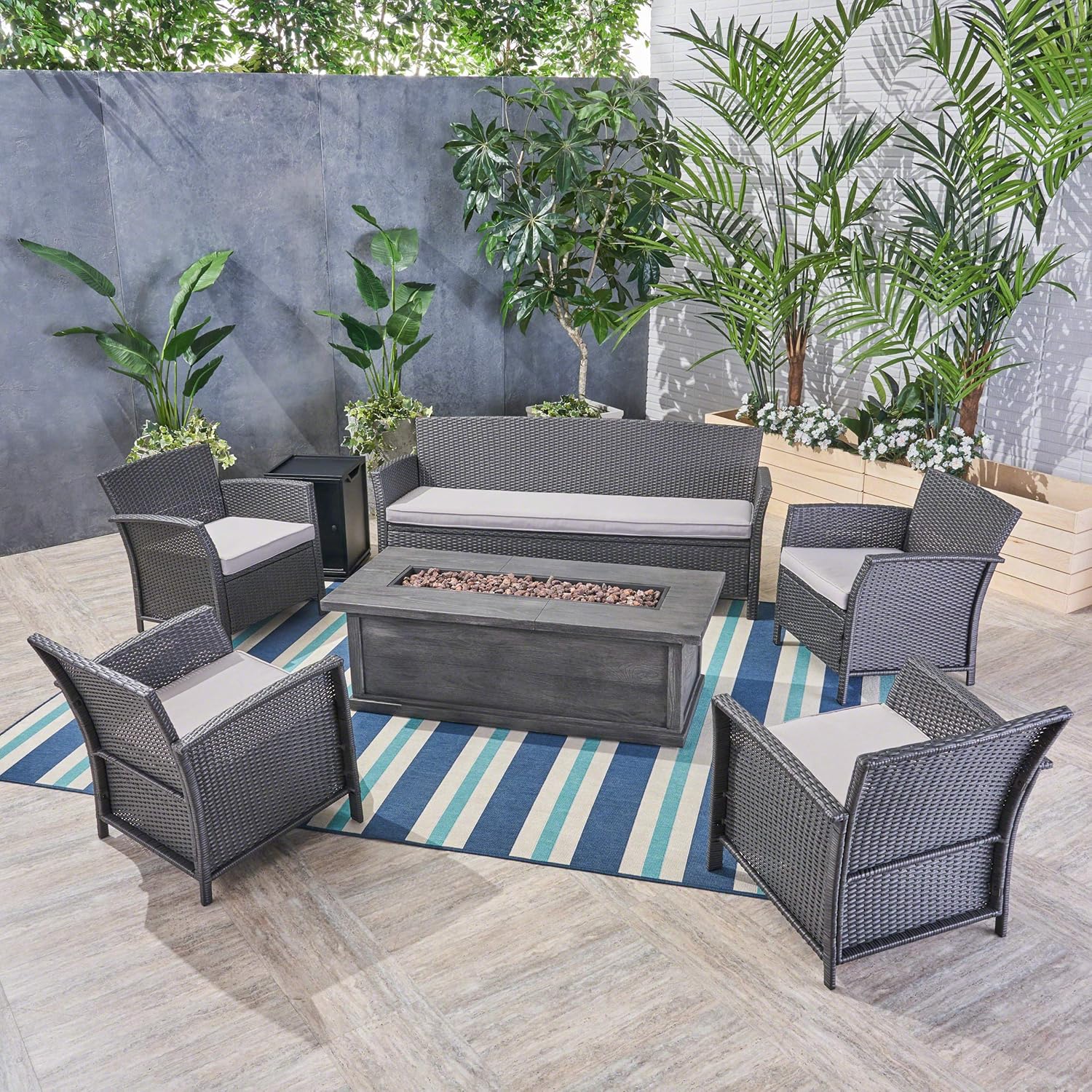 Christopher Knight Home Mason Outdoor 7 Seater Wicker Chat Set with Fire Pit, Gray/Silver/Gray