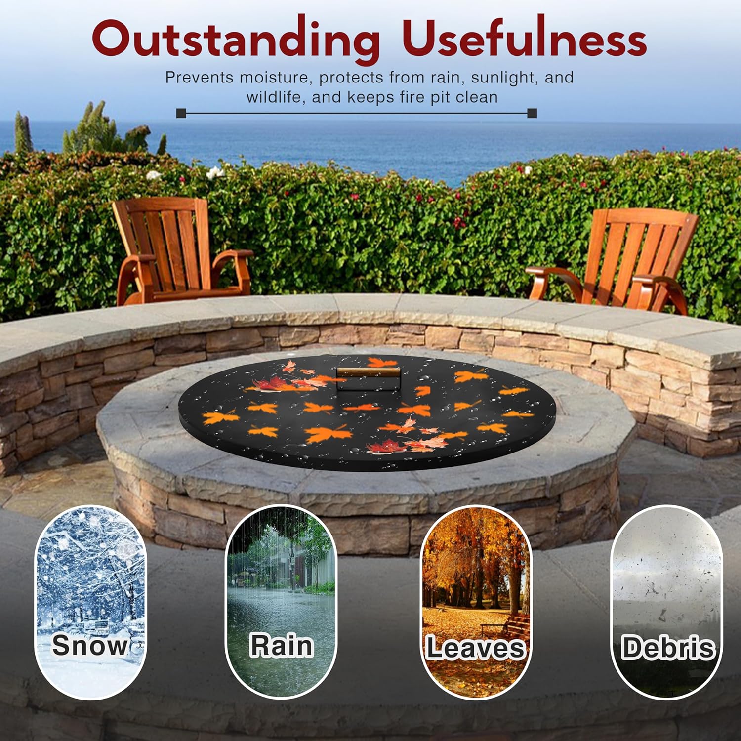 31” Fire Pit Cover Lid Round - Fit for 29 Round Fire Pit Lid for Outdoor Fireplace Cover Lid - Steel fire pit metal cover with Wooden Handle & Powder Coating Snuffer Lid for Patio Fire Pit Ring