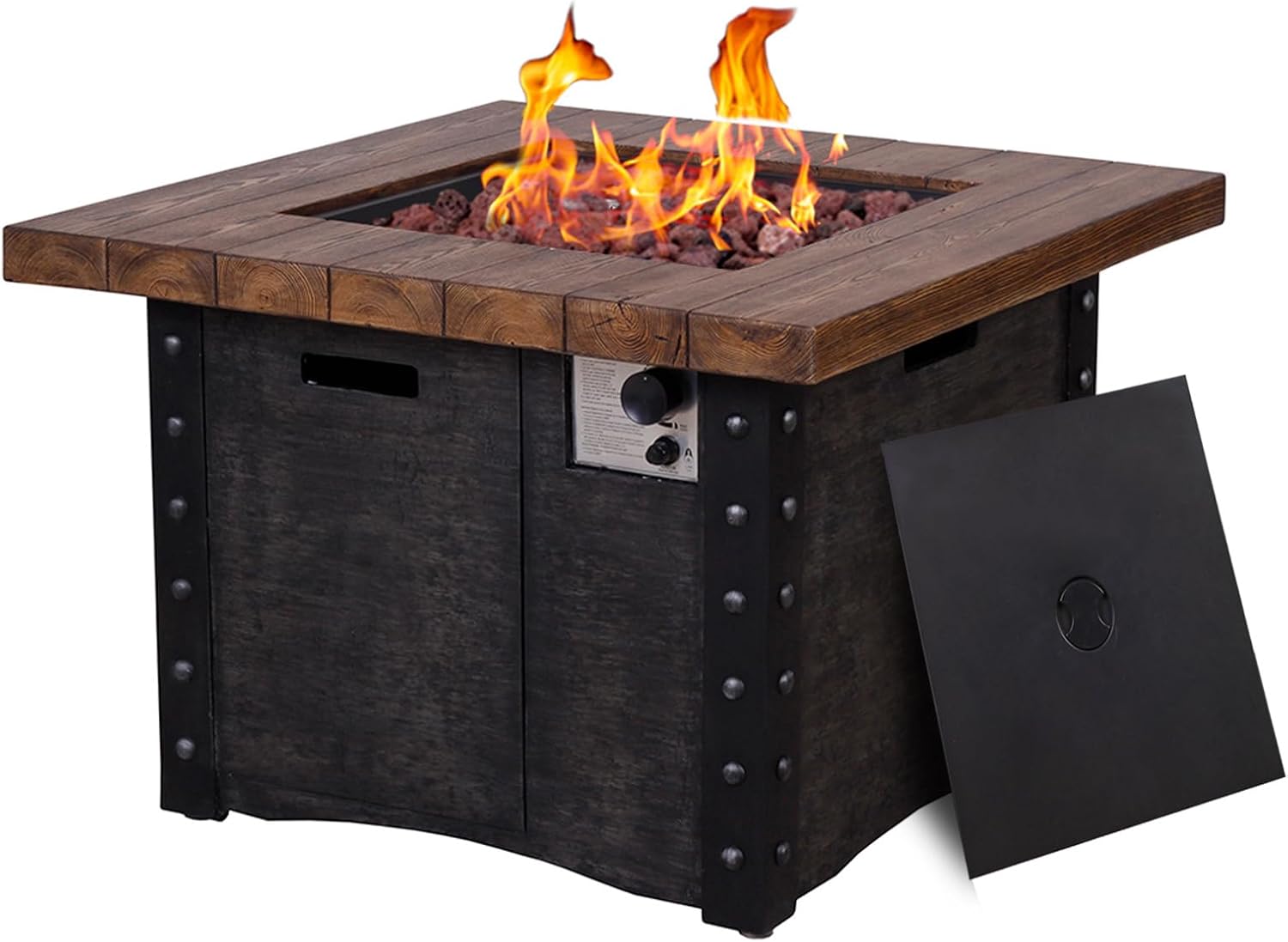 Good Product 50,000 BTU Outdoor Gas Fire Table, Faux Woodgraine Table top Fire Pit