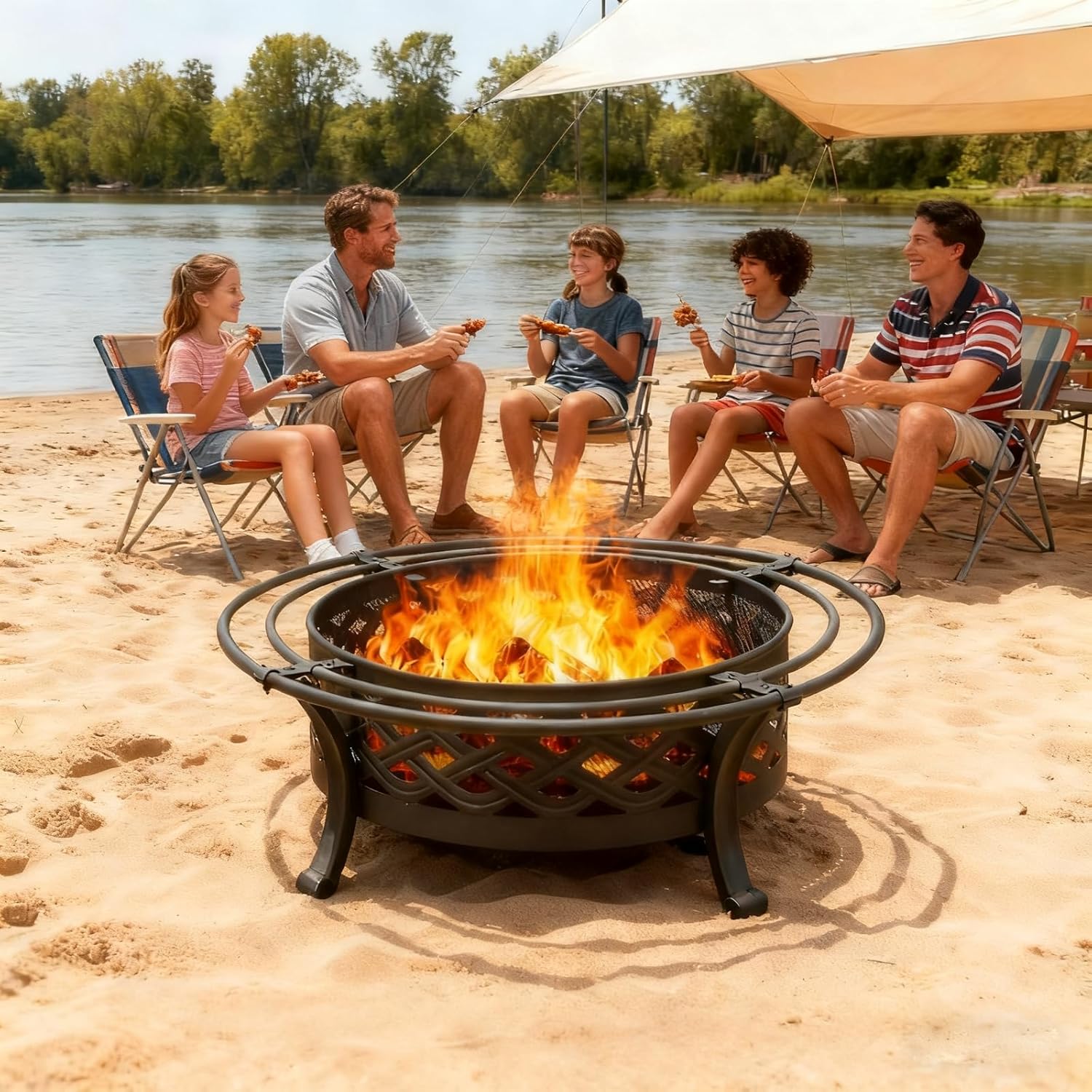 36 Inch Fire Pit with 2 Loops,Crossweave Wood Burning Fire Pits for Outside,with Spark Screen,Fire Poker,Round Outdoor Firepit for Patio,Yard,Garden,Camping,Bonfire(36''Black)