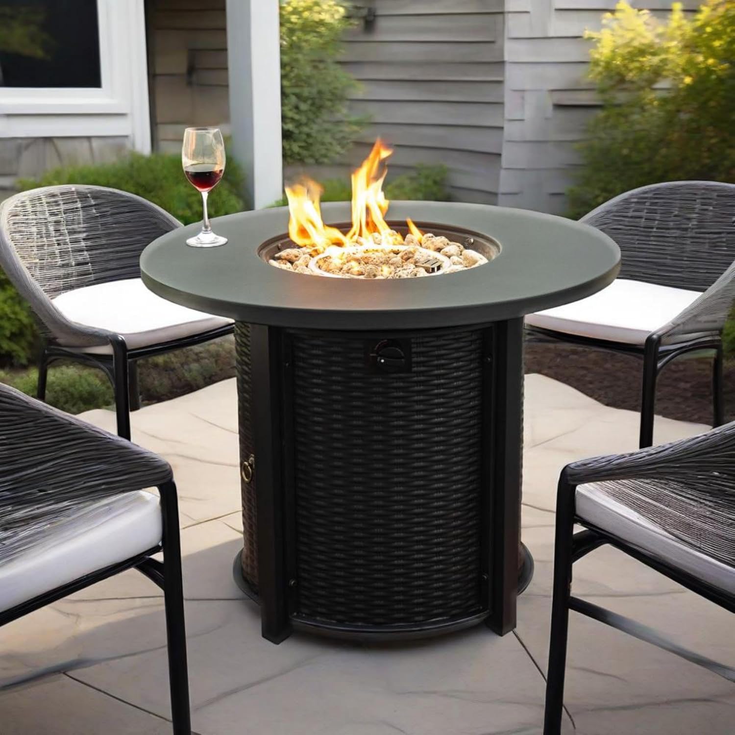 Propane Fire Pit Table, 32” Firepits for Outside, Round Gas Fire Pit for Outside Patio, Propane Fire Table with Steel Lid, Rocks for Patio, 50000BTU, Tank Inside, Tank Not Included, Black