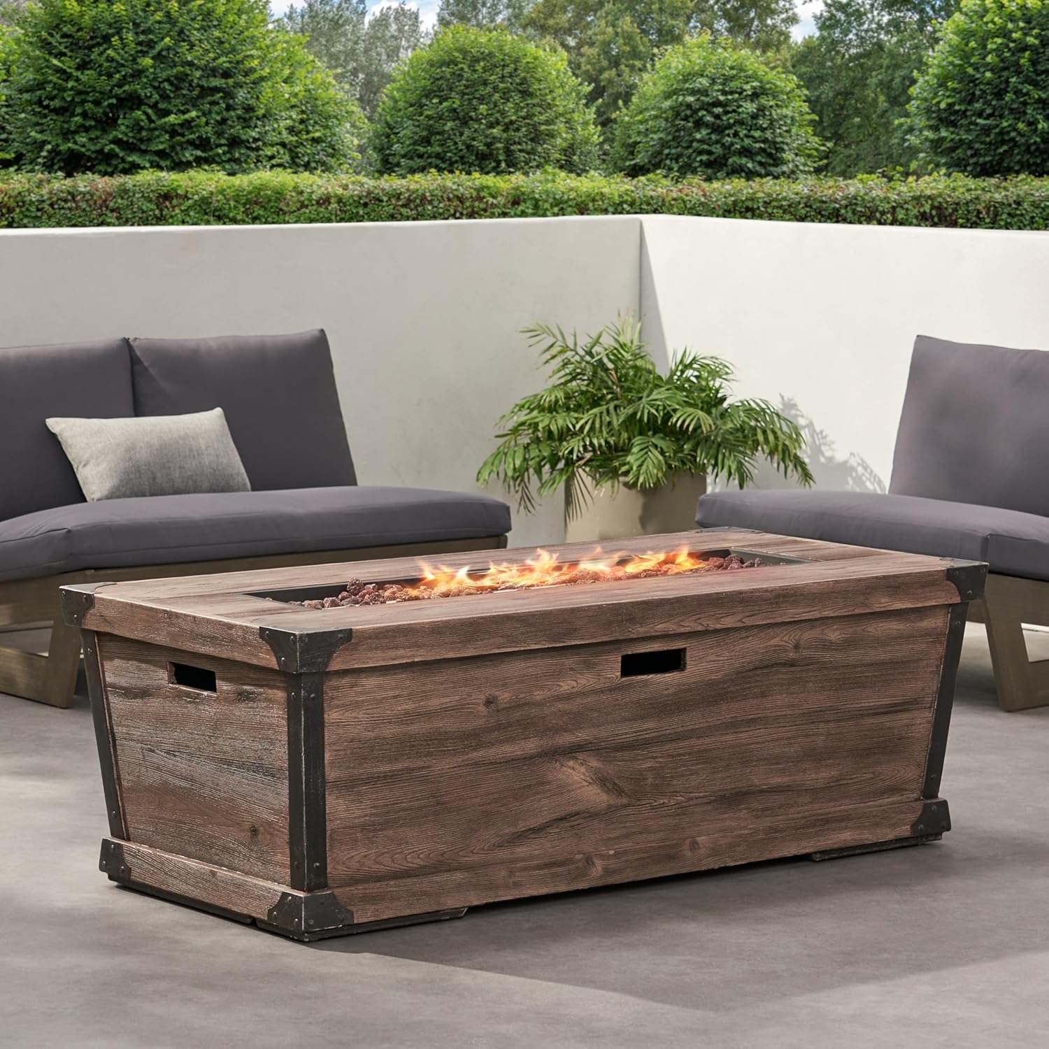 GOWE Outdoor Patio Concrete Fire Table, Rectangle Gas Burning 56-Inch Fire Pit - 50,000 BTU, Wood Pattern Fire Table, Brown (Tank Cover not Included)