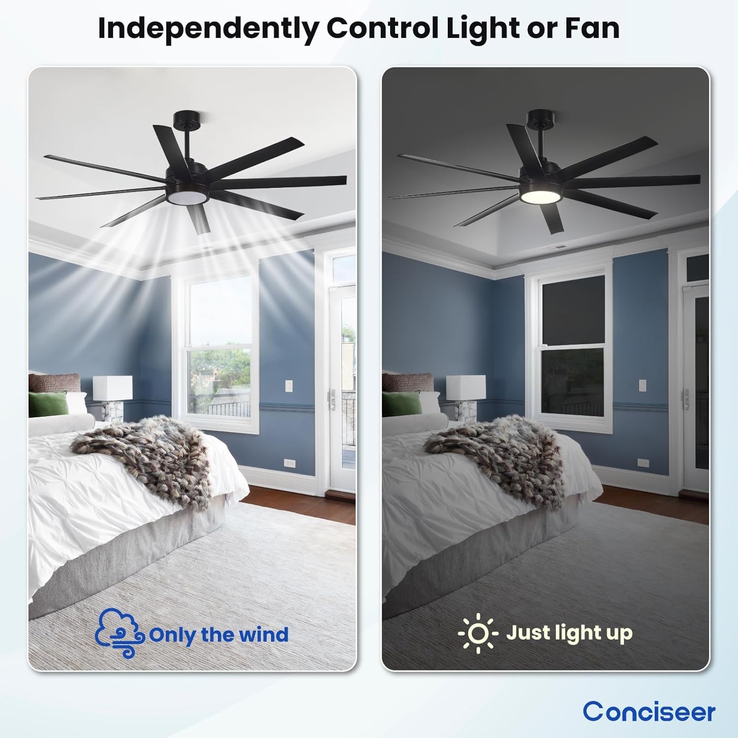 Modern Ceiling Fans with Lights, 65 Inch Ceiling Fan with Light and Remote for Bedroom Living Room Kitchen Office, Indoor/Outdoor Use, 24W 3CCT 8 Blades 6 Speed Reversible Quiet DC Motor, Black