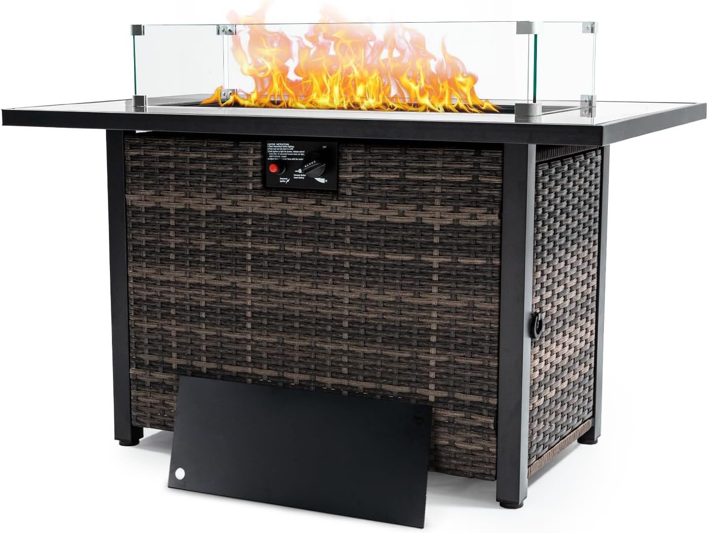 Outdoor Fire Pit 50,000 BTU Propane Gas Fire Table with Lid Fireplace Glass Wind Guard Wicker Base for Garden Patio Backyard
