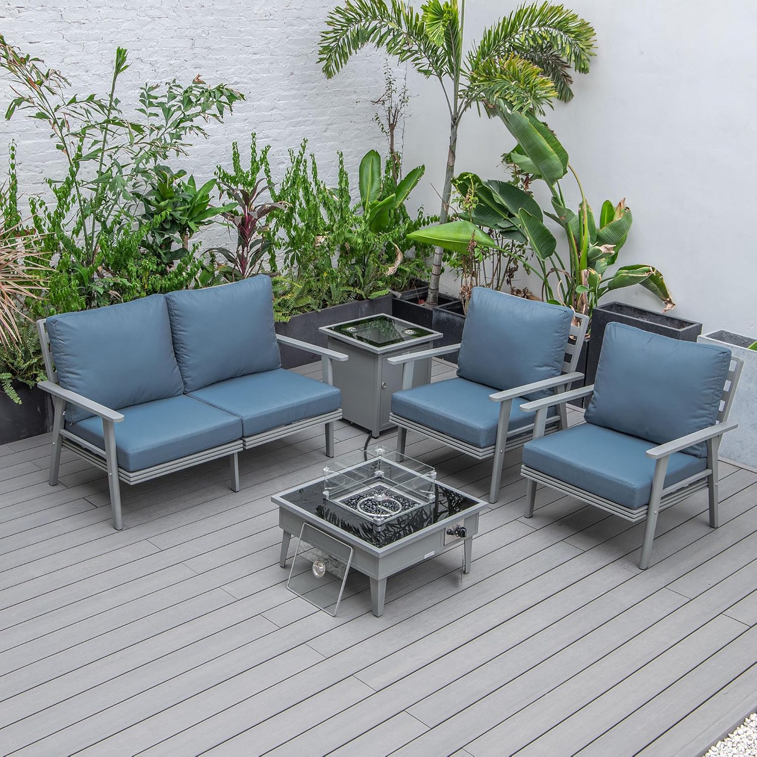 LeisureMod Walbrooke Modern Aluminum 5-Piece Patio Conversation Set with Outdoor Square Fire Pit Table & Side Table Tank Holder (Navy Blue)