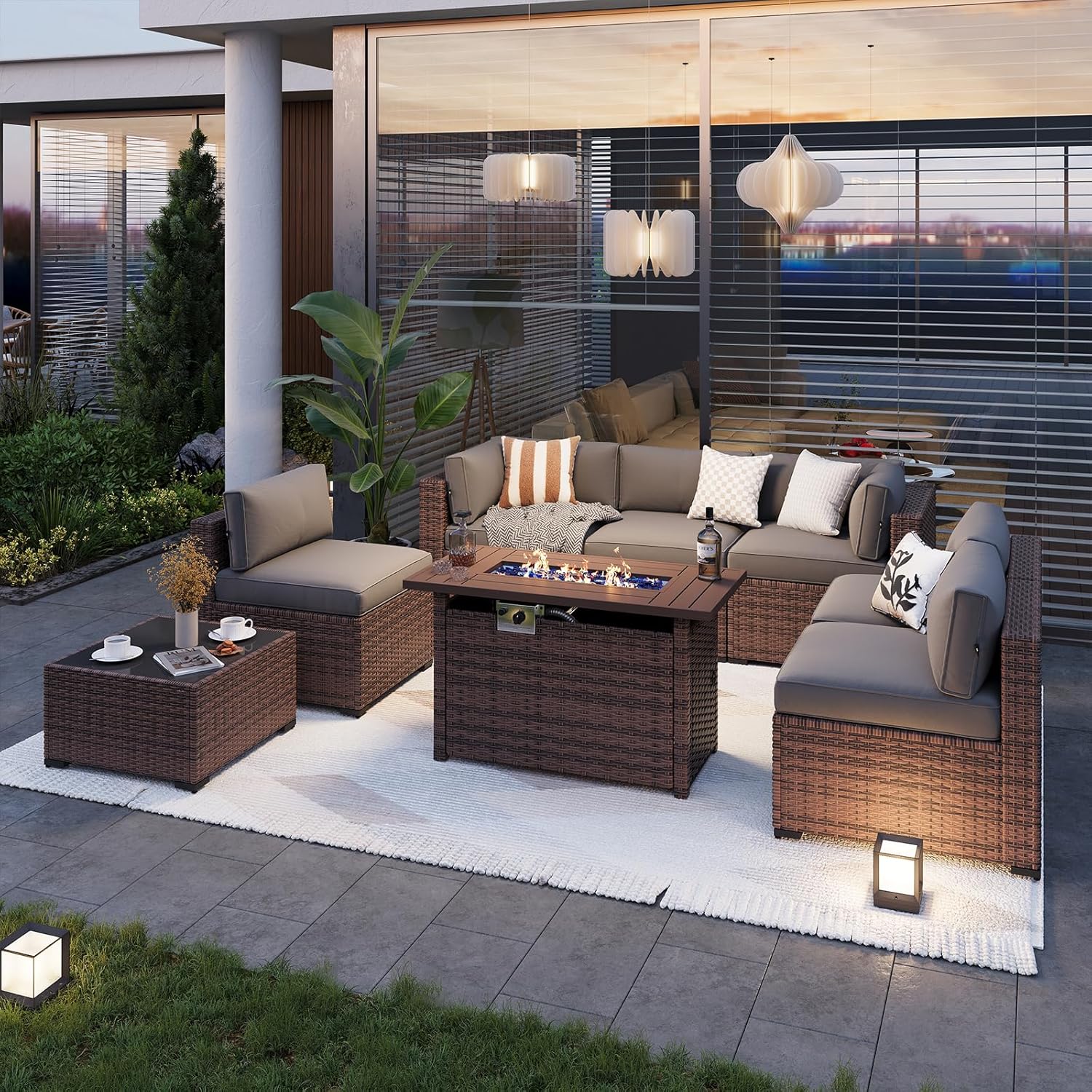 Aoxun Outdoor Patio Furniture with Fire Pit Table, 50,000 BTU Wicker Gas Fire Pits with Lid, 44'' Propane Gas Firepit Table for Backyard, Poolside, Garden (Brown)