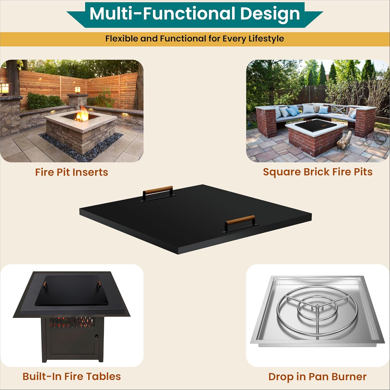 FEBTECH- fire Pit Insert Square lid - 42 x 42 Inch - Linear Drop-in Burner Pan - firePit lid - 1.5 mm Thick Fire Pit Lid for Square fire Insert…