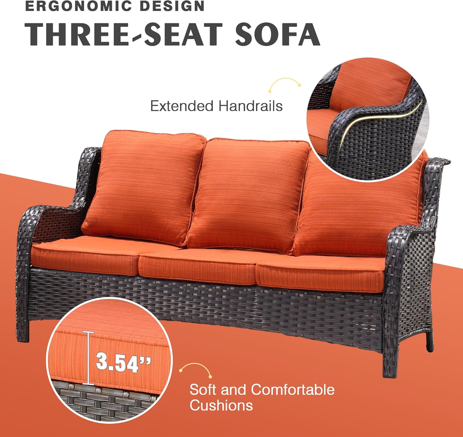 HOOOWOOO Patio Outdoor Furniture Set with Fire Pit Table,6 Piece Wicker Couch Sofa Swivel Chair Set,Weather Resistant Conversation Seating High Back Curve Arm(Orange Red)