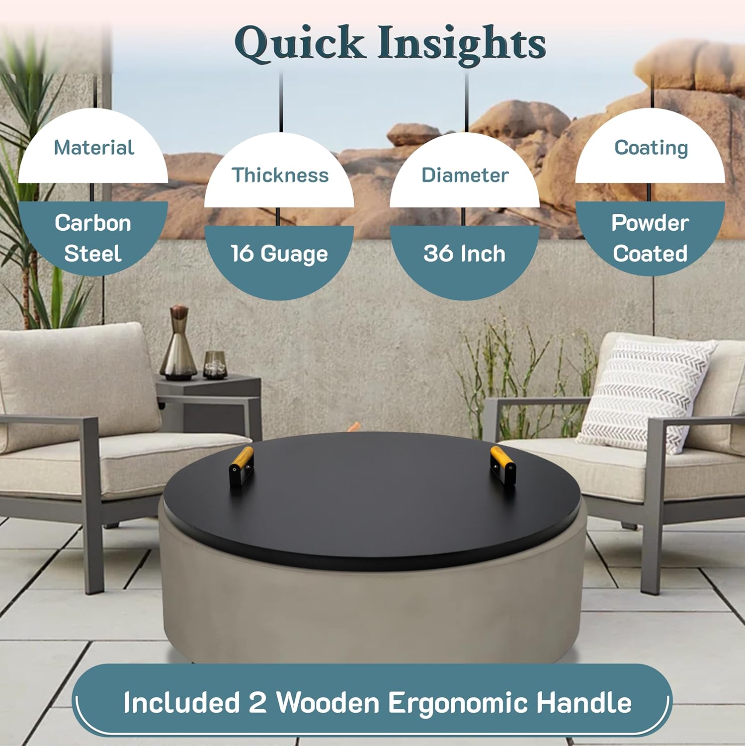 28” firepit lid round for inside up to 26” gas fire pit lid for Outdoor Fireplace Cover Lid Steel fire pit metal cover W/ 2 Wooden Handles & Powder Coated Snuffer Lid for Round Patio Fire Pit Ring