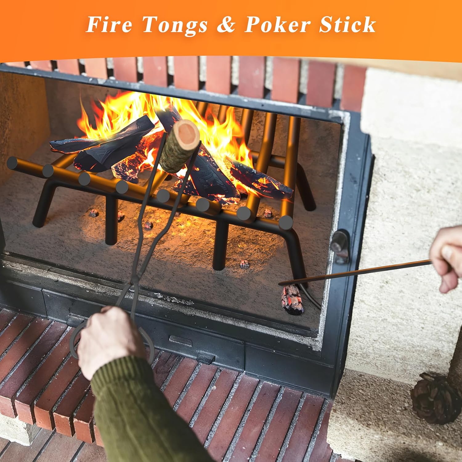 Fireplace Grate 24 Inch with 8 Support Legs, Round Solid Steel Heavy Duty Fireplace Log Holder with Fire Tongs & Poker, Fireplace Log Grate for Indoor Fireplace and Outdoor In-ground Firepit