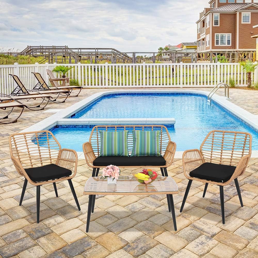 Rattan Garden Furniture 4 Piece Set, Patio Outdoor Conservatory Wicker Chairs Set includes 1 Double seat Sofa, 2 Armchairs and Glass Top Side Table