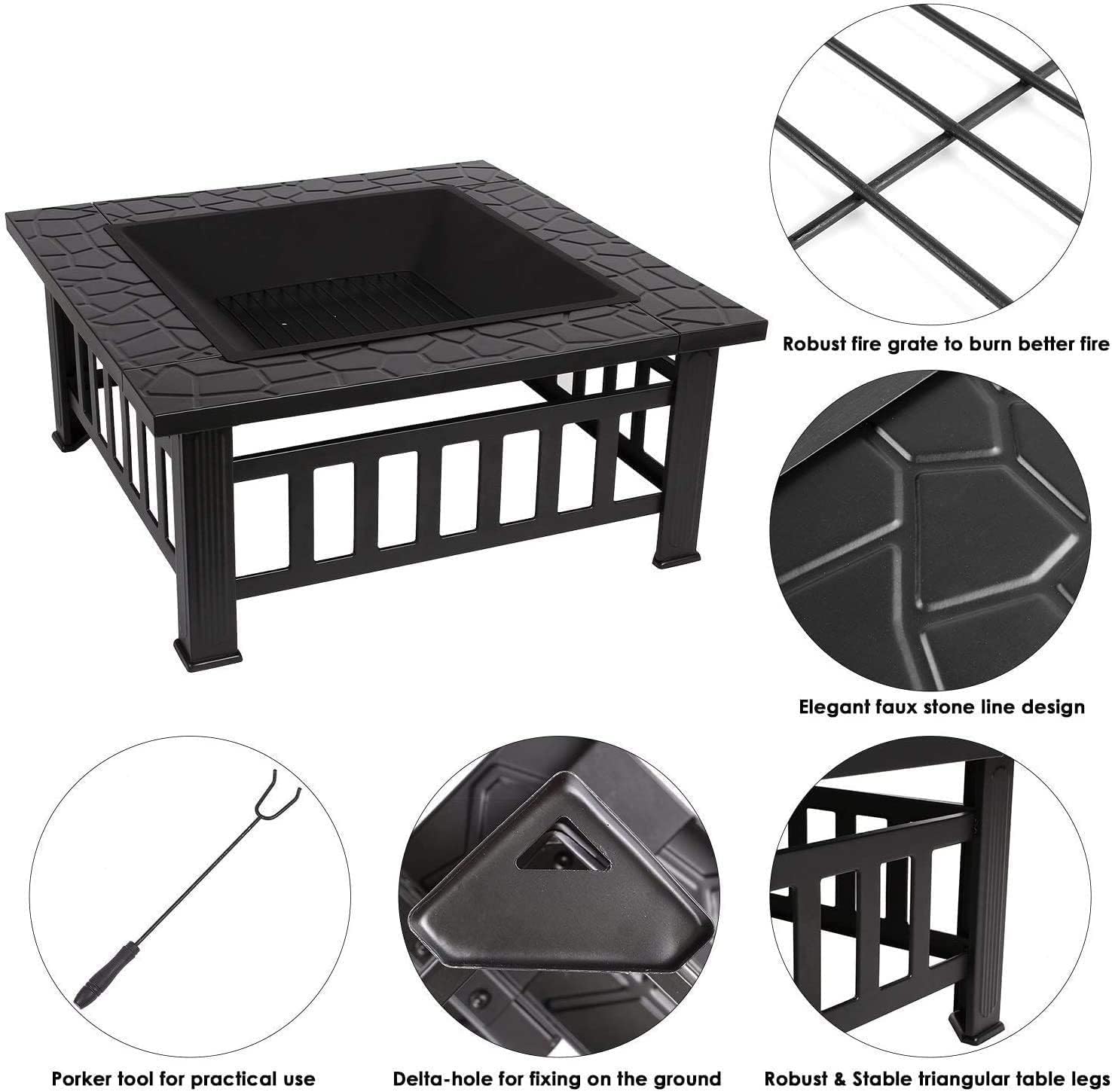3 in 1 Outdoor Brazier Large Fire Pit Outdoor Metal Brazier Square Table with Waterproof Cover BBQ Grill Shelf Suitable for Camping Bonfire Patio Backyard