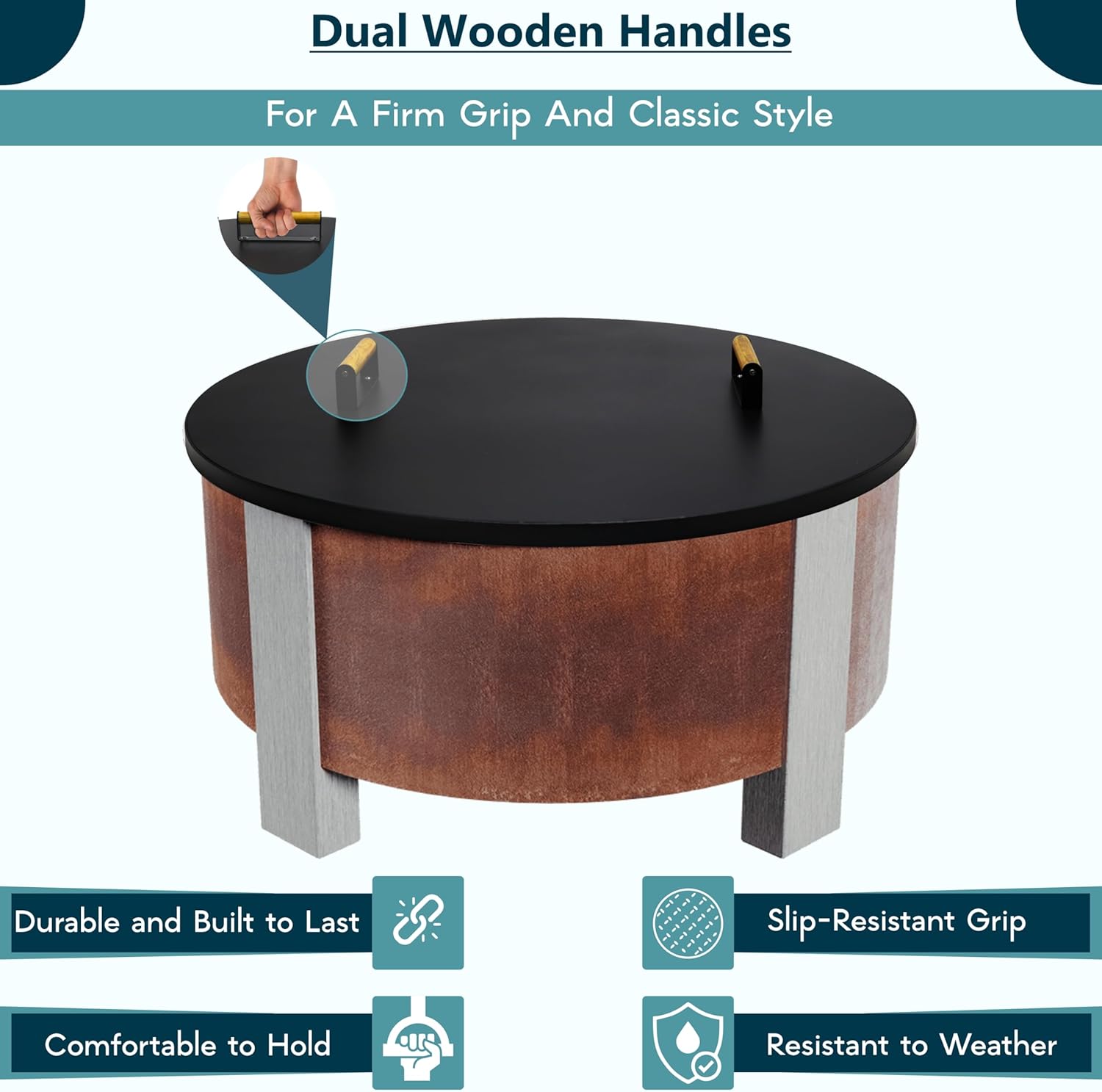 35” Fire Pit Cover Lid Round - Fit for 34.5 Round Fire Pit Lid for Outdoor Fireplace Cover Lid Steel fire Pit Metal Cover W/ 2 Wooden Handles & Heat Resistant Snuffer Lid for Patio Fire Pit Ring