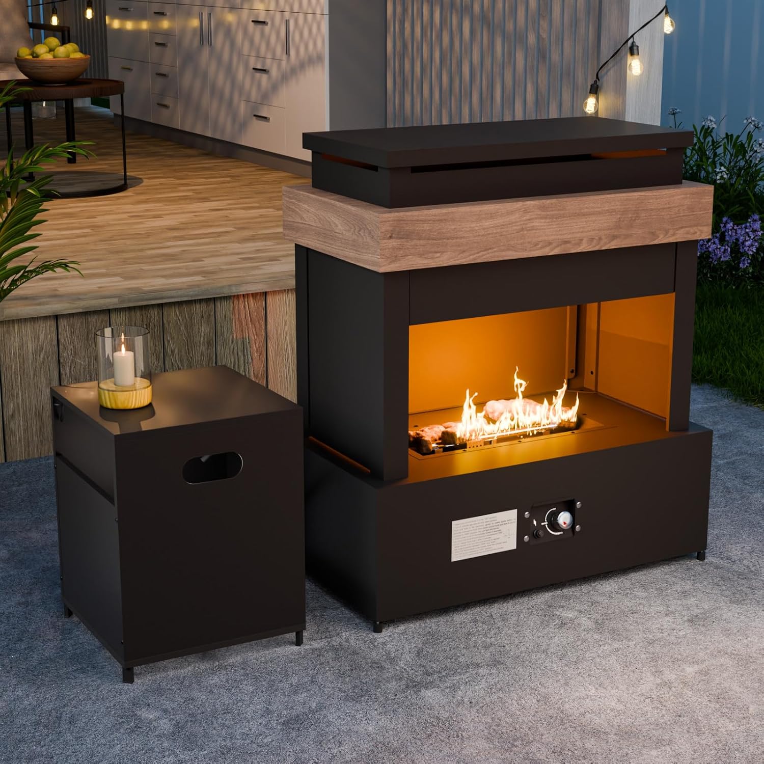 EAGLE PEAK Outdoor Propane Fireplace 50,000 BTU Gas Fireplace with Storage & Adjustable Flame, Patio Heater for Decks Backyards, Gray/Beige