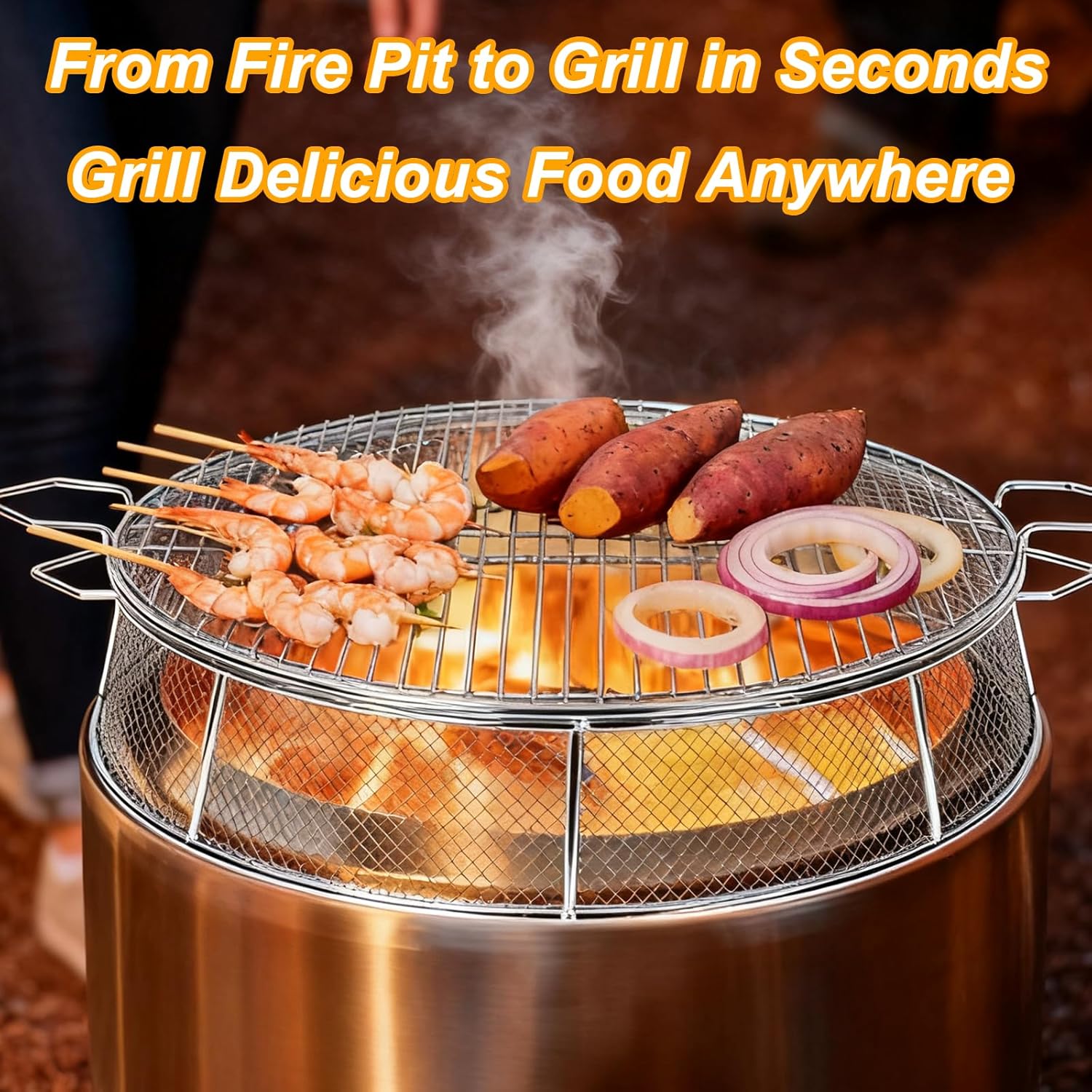 Fire Pit Spark Shield Cover & Cooking Grate for Solo Stove Bonfire 19.5 Inch, 304 Stainless Steel Fire Pit Accessories with Stand & 2 Guide Sticks, All-in-One Lid, Spark Screen and Grill Grate​​