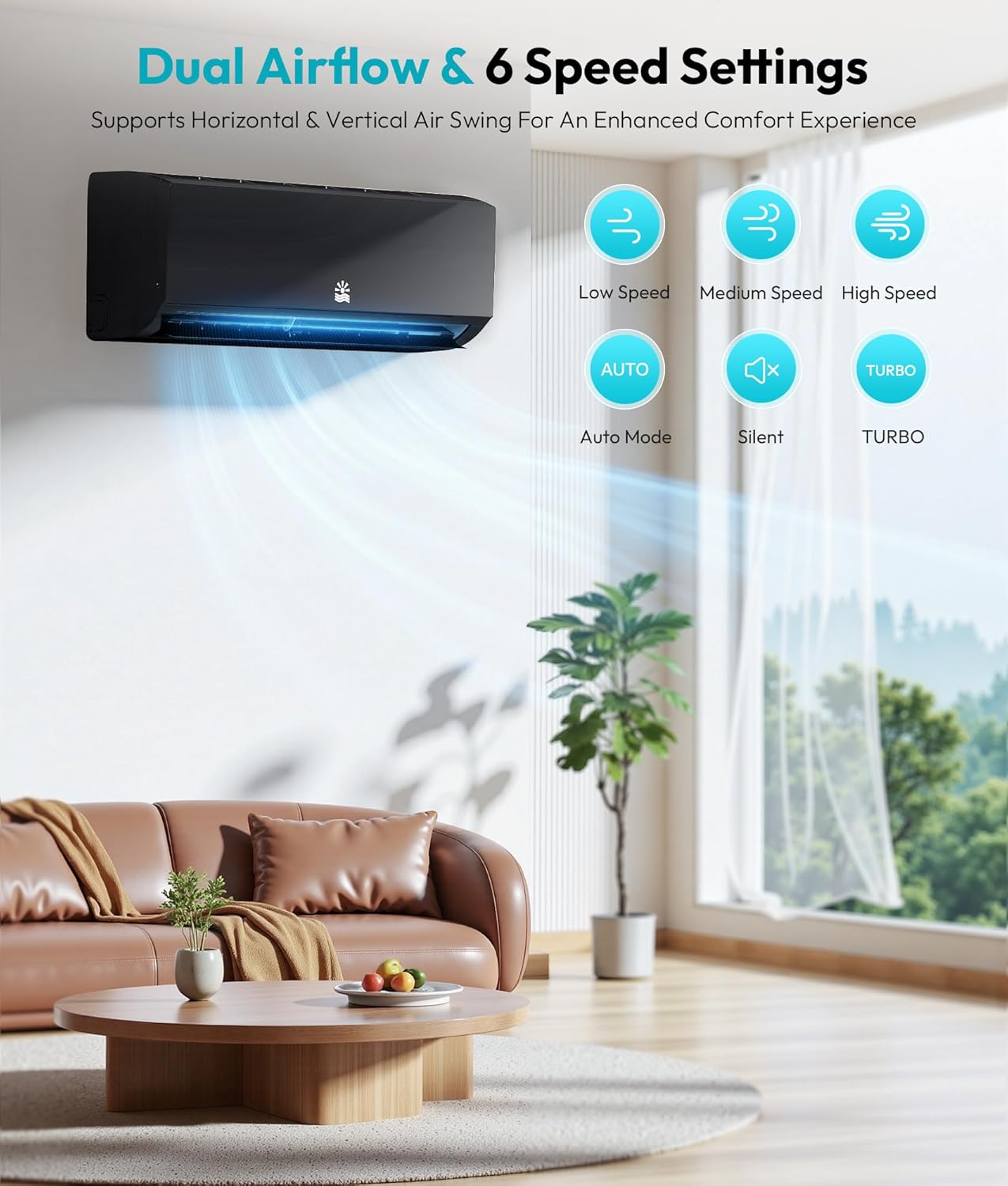 12000 BTU Wifi Mini Split AC/Heating System with Inverter, 20 SEER2 Cools Up to 750 Sq.Ft Energy Saving 115V Ductless Split Air Conditioner Unit with Heat Pump & Installation Kit, Black
