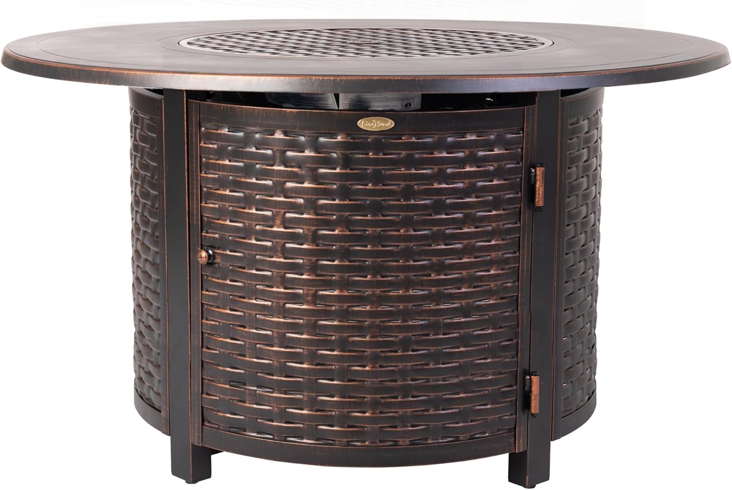 Florence Woven Aluminum Convertible Gas Fire Pit Table 55,000 BTU Multi-Functional Outdoor with Fire Bowl Lid, Nylon Weather Cover & Clear Fire Glass - Bronze Finish - Round - 44