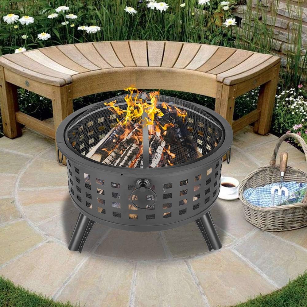 Outdoor Wood Burning Firepit,with Spark Screen Fireplace Poker Fire Pits,26-Inch BBQ Fire Bowl