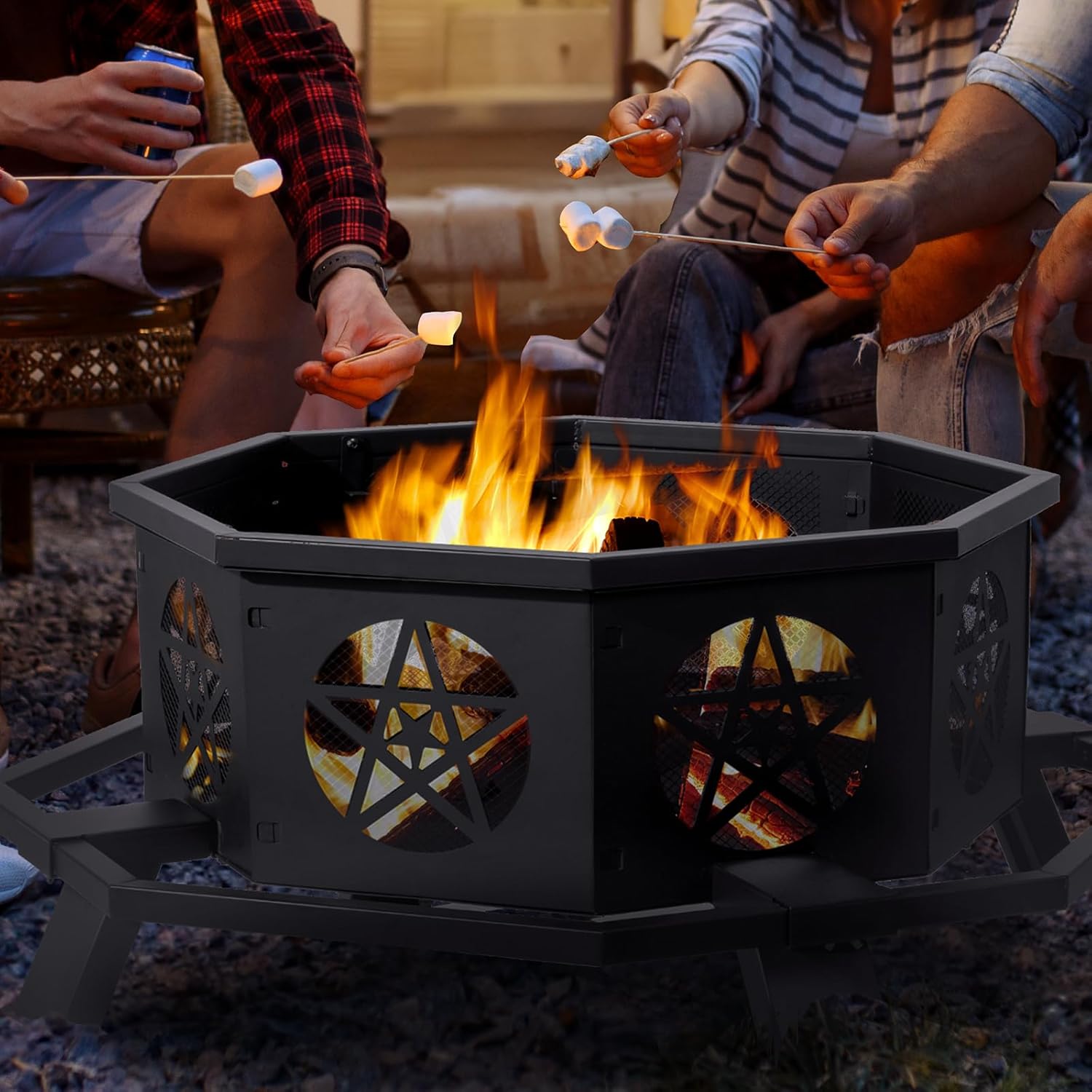 43-Inch Outdoor Fire Pit - Octagonal Steel Fire Pit Bowl with Star Cutouts, Ventilated Design, Foot Pedals & Easy Assembly for Patio, Yard & Garden